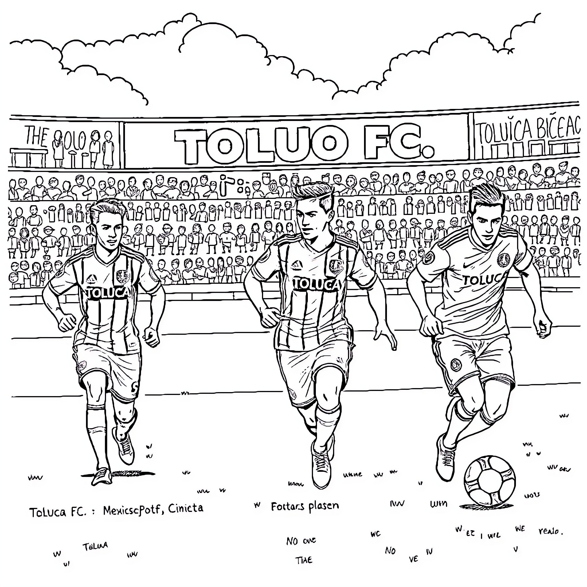 Toluca FC players running on the field Coloring Page (free black-and-white line drawing printable PDF for all, from beginners to advanced learners, including children, teens, adults, and seniors)
