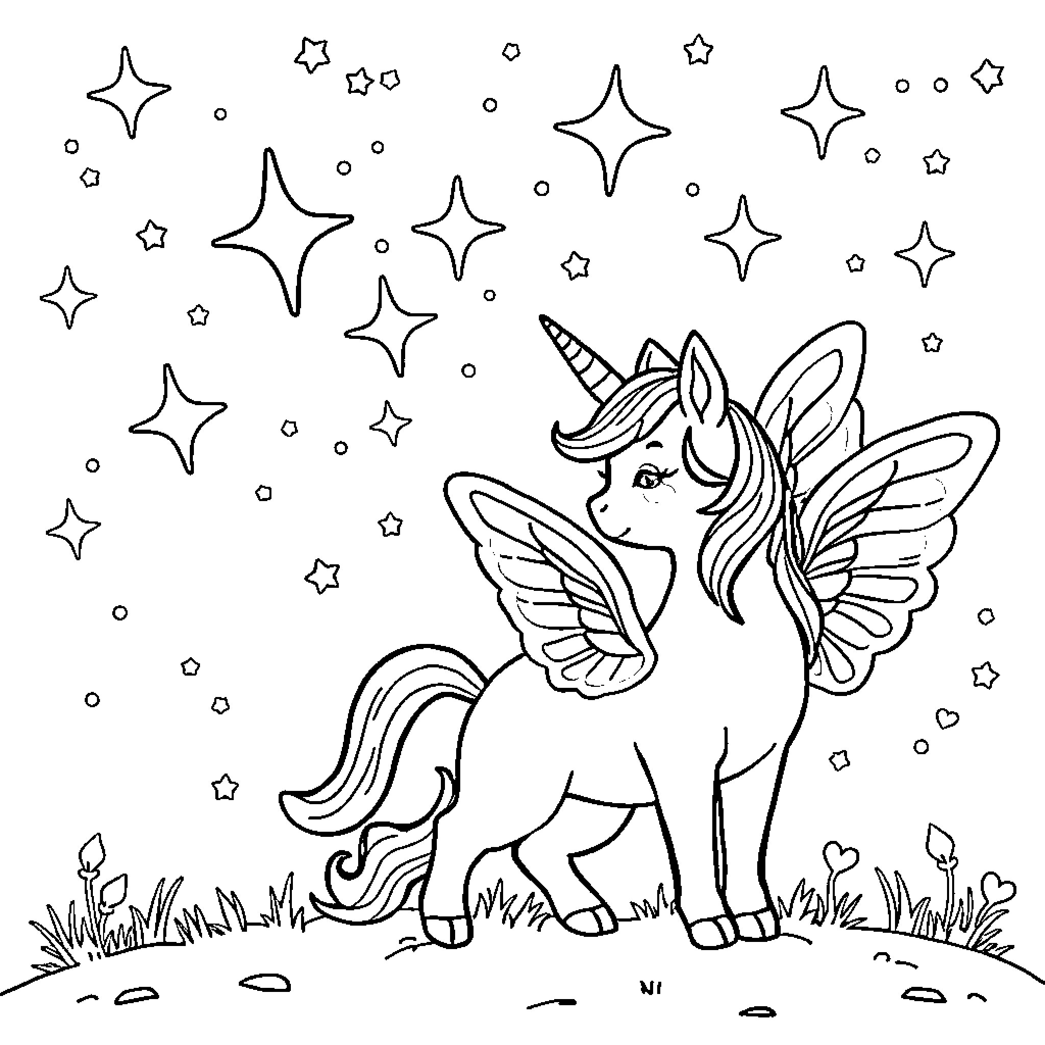 Unicorn Cat exploring a starry sky Coloring Page (free black-and-white line drawing printable PDF for all, from beginners to advanced learners, including children, teens, adults, and seniors)