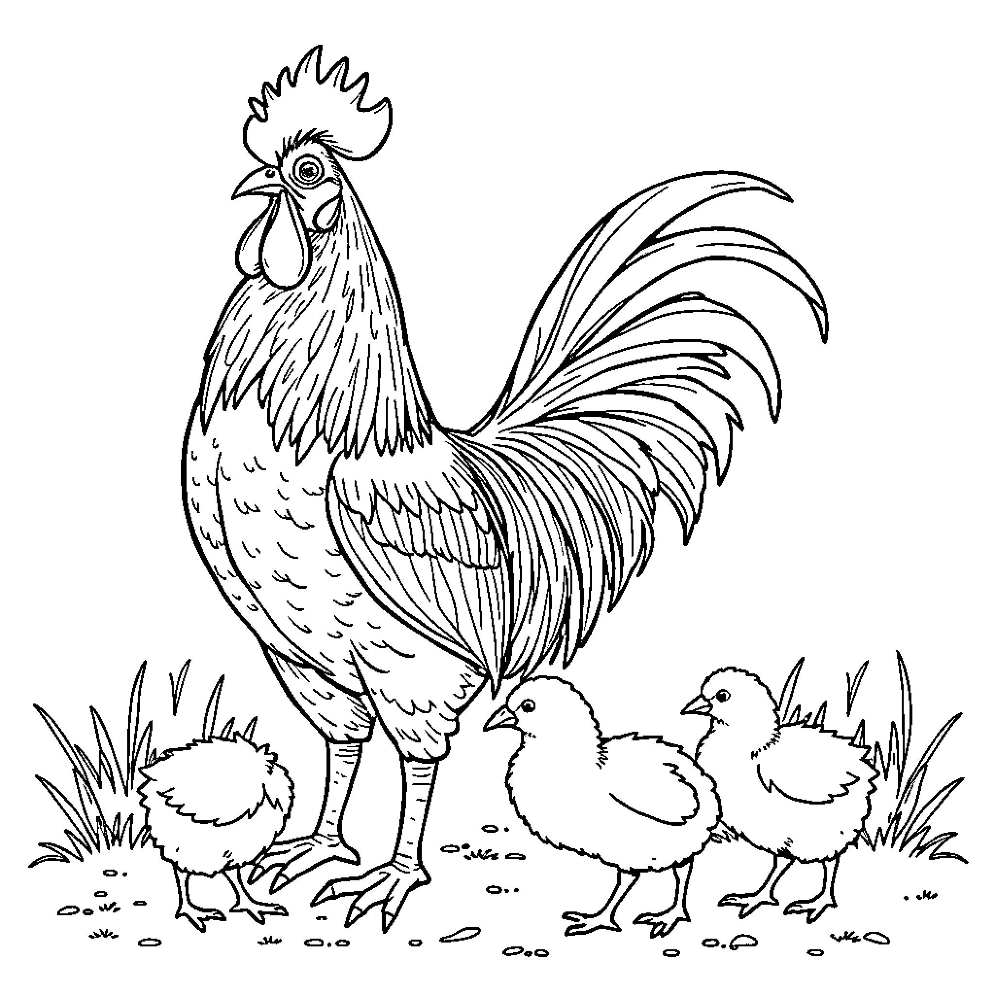 Chicken strutting with chicks in the yard Coloring Page (free black-and-white line drawing printable PDF for all, from beginners to advanced learners, including children, teens, adults, and seniors)