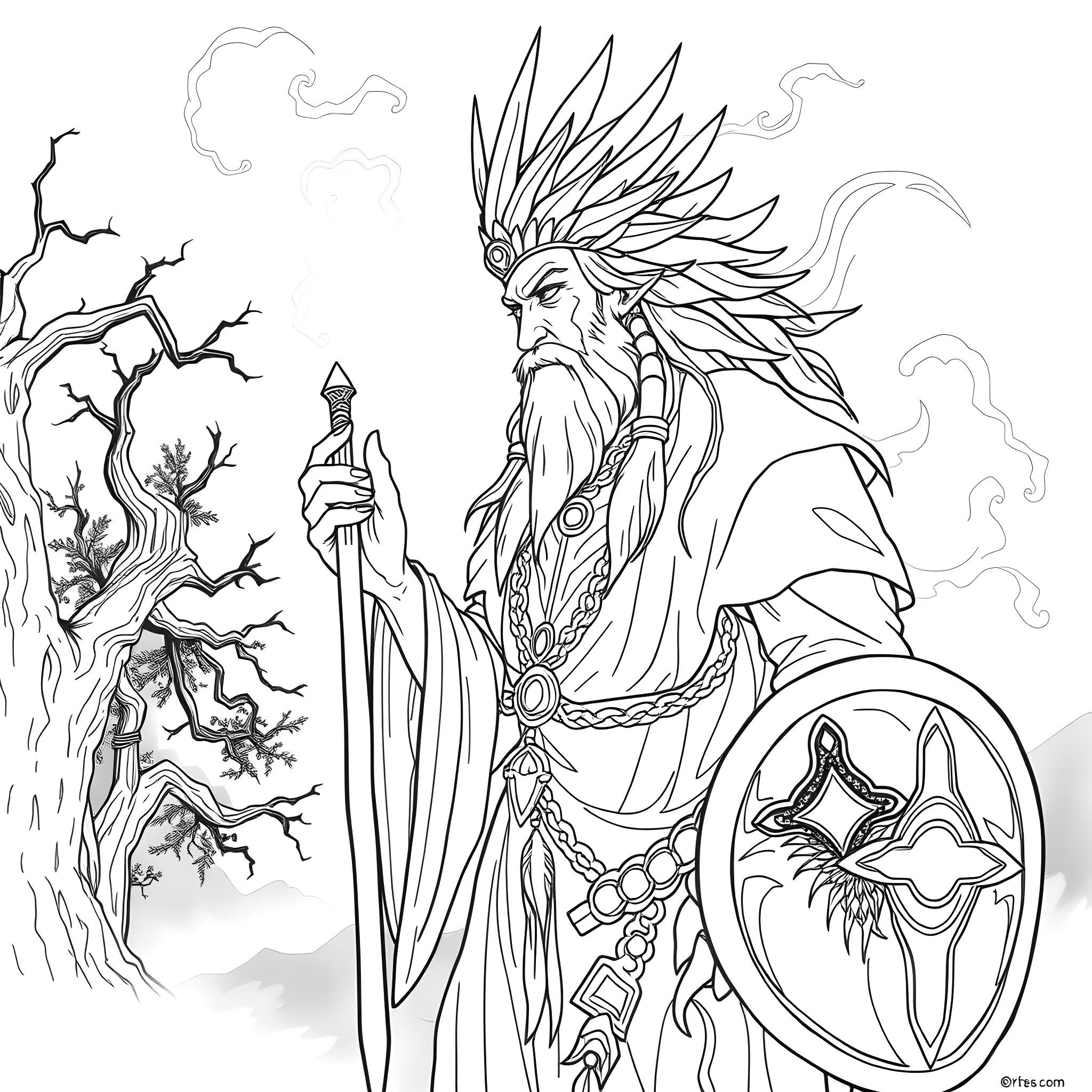 Spirit of the Ancient Warrior Coloring Page (free black-and-white line drawing printable PDF for all, from beginners to advanced learners, including children, teens, adults, and seniors)