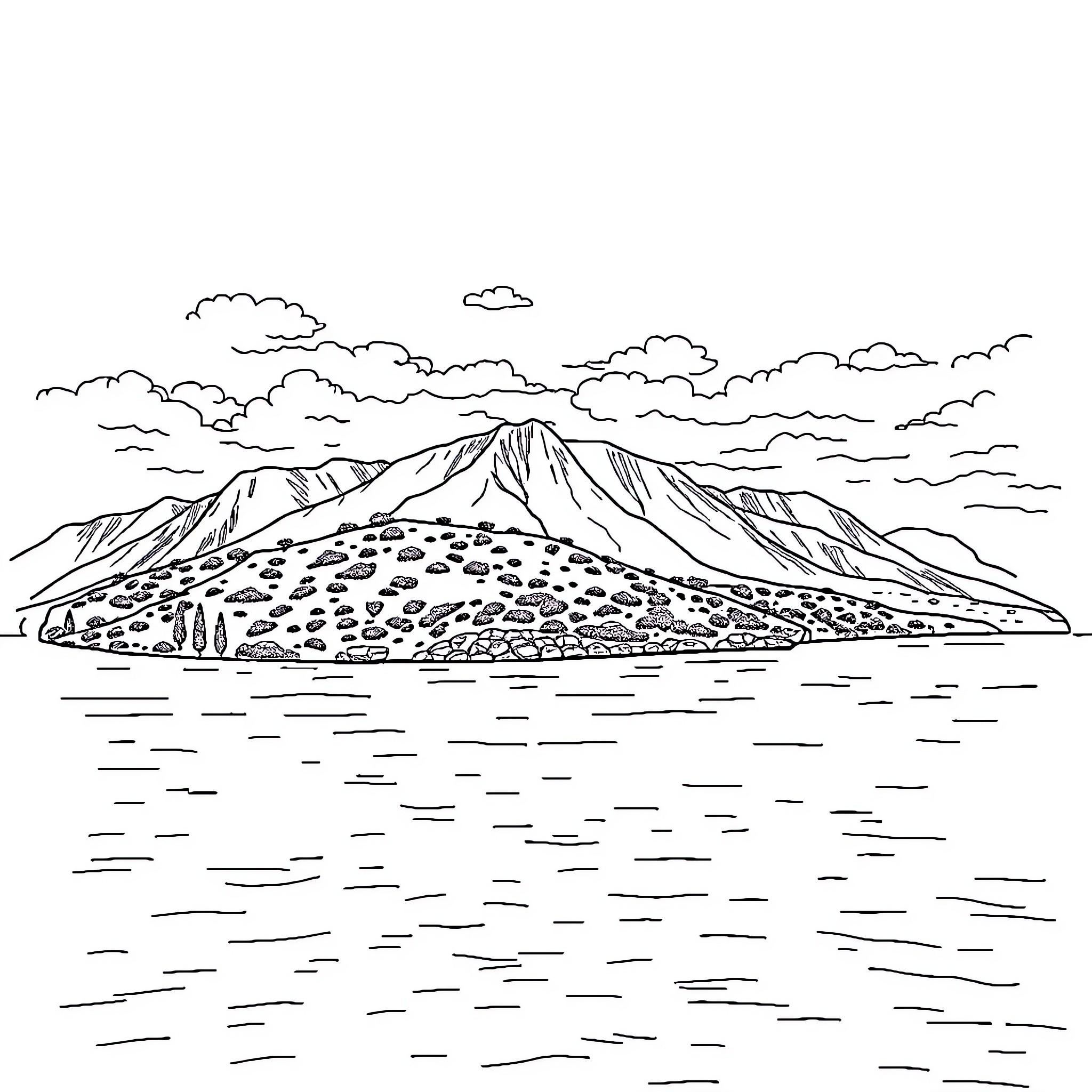 Corse landscape with mountainous terrain and water Coloring Page (free black-and-white line drawing printable PDF for all, from beginners to advanced learners, including children, teens, adults, and seniors)