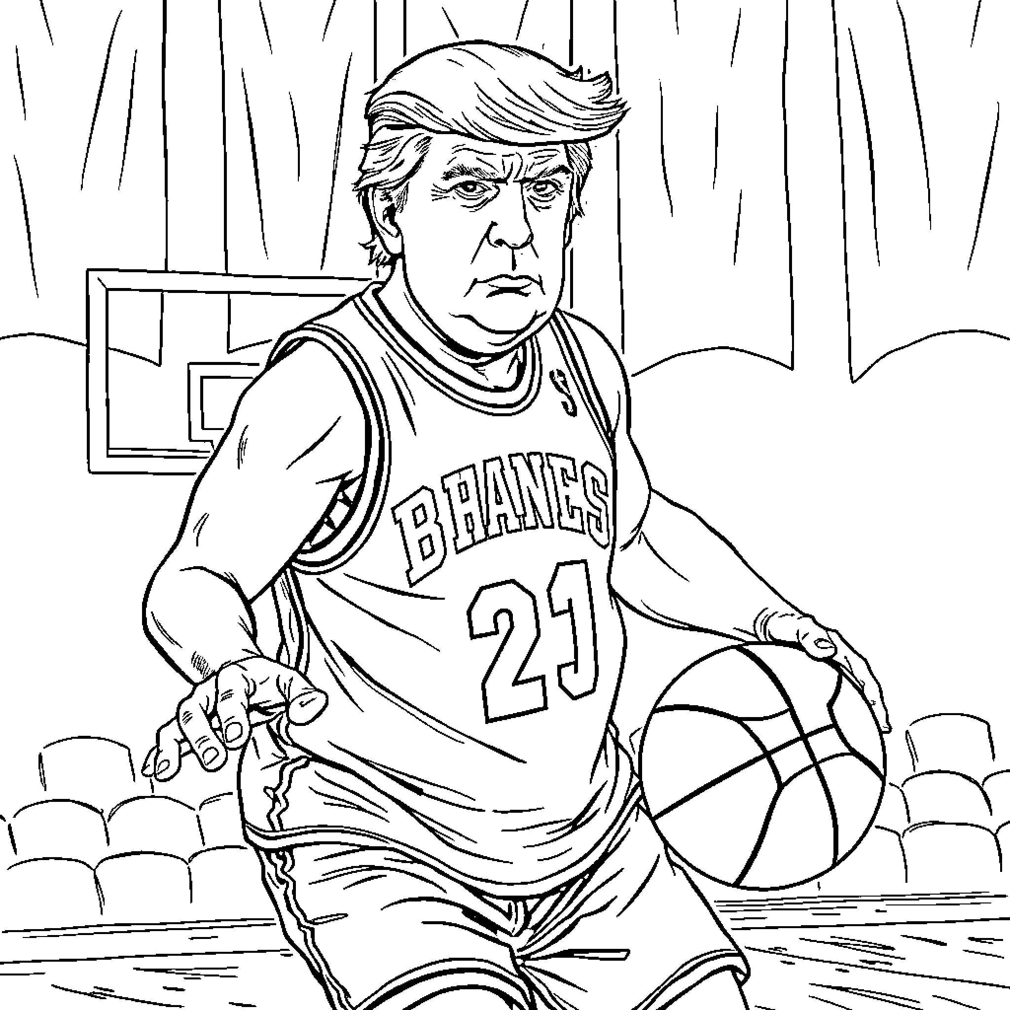 Trump Shoots Hoops in Beaners Jersey Coloring Page (free black-and-white line drawing printable PDF for all, from beginners to advanced learners, including children, teens, adults, and seniors)