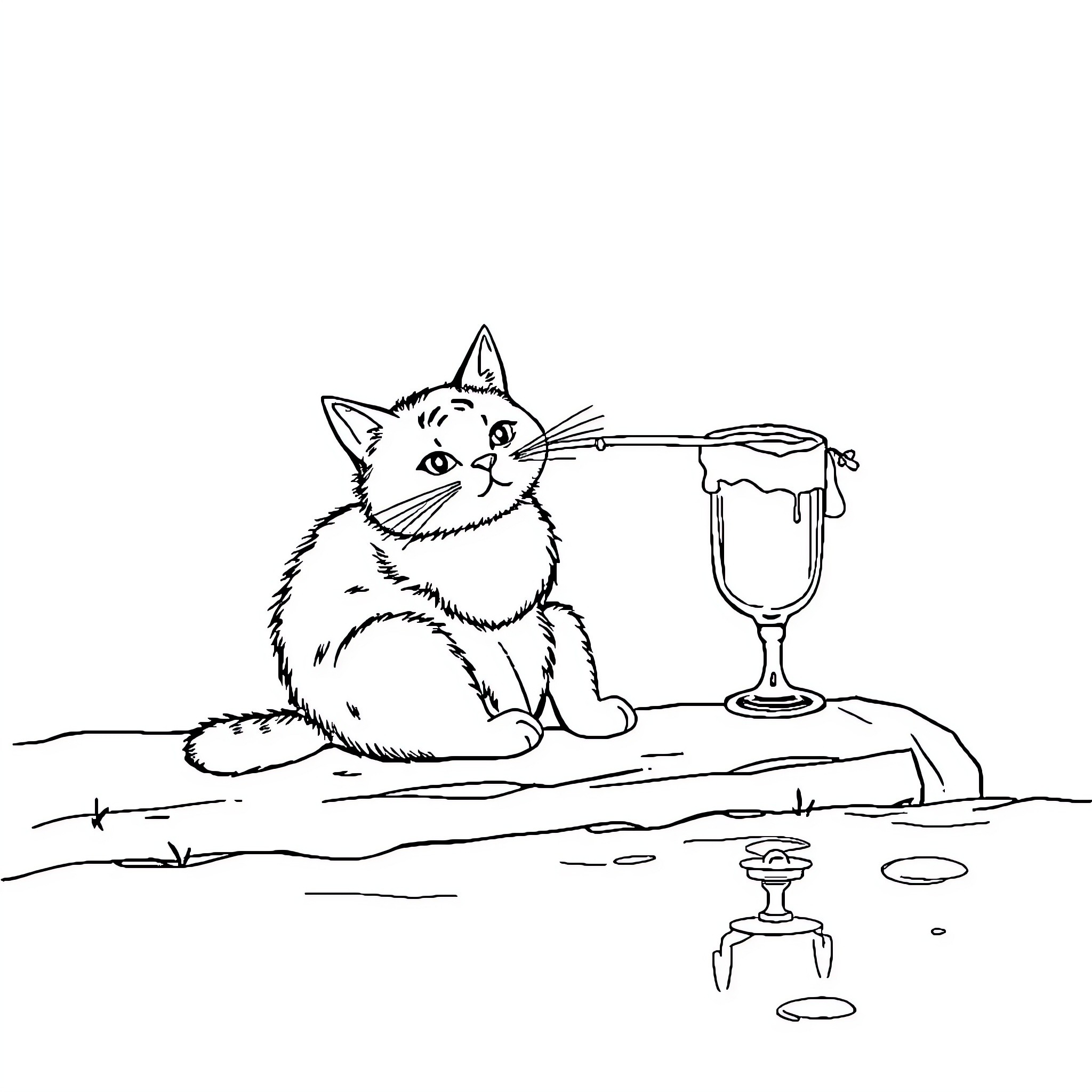 Chat with a Curious Cat and Its Drink Coloring Page (free black-and-white line drawing printable PDF for all, from beginners to advanced learners, including children, teens, adults, and seniors)