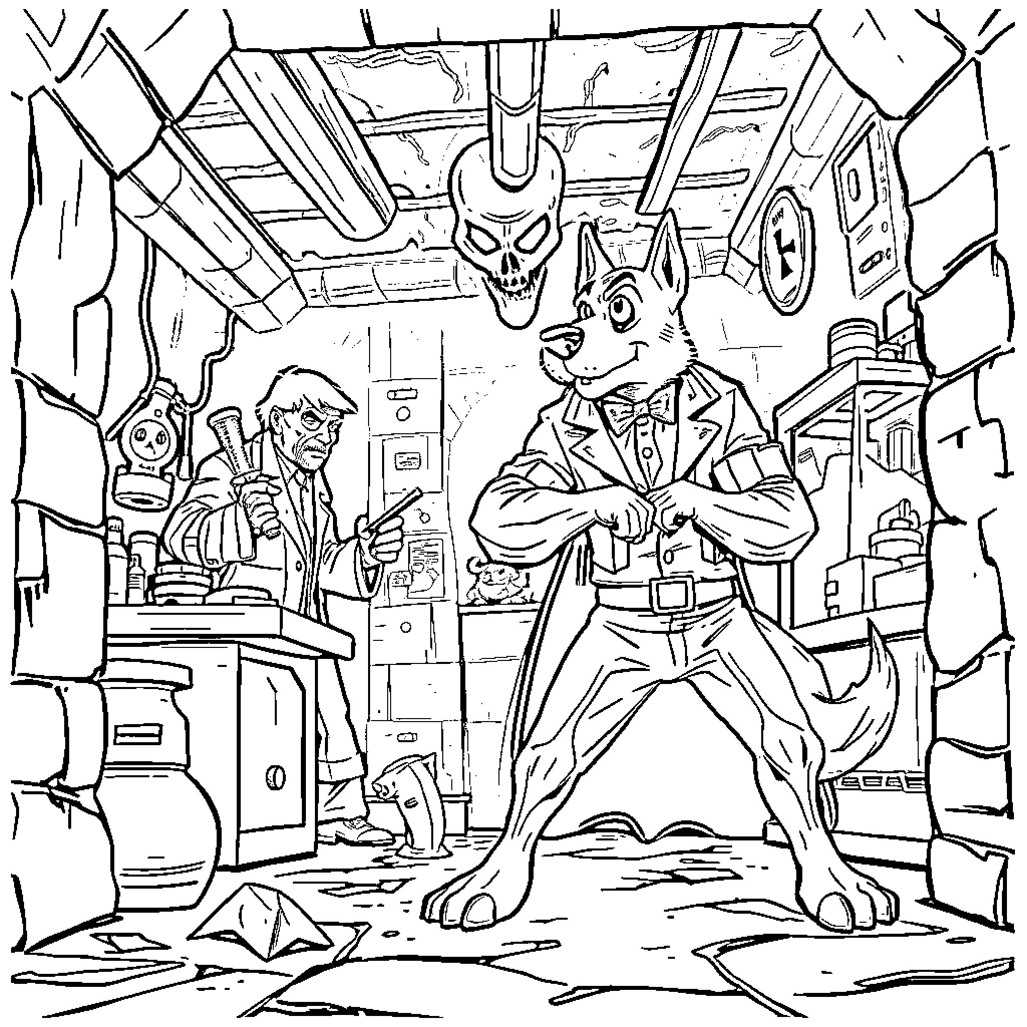 Dogman battles against sinister forces in a cluttered workshop Coloring Page (free black-and-white line drawing printable PDF for all, from beginners to advanced learners, including children, teens, adults, and seniors)