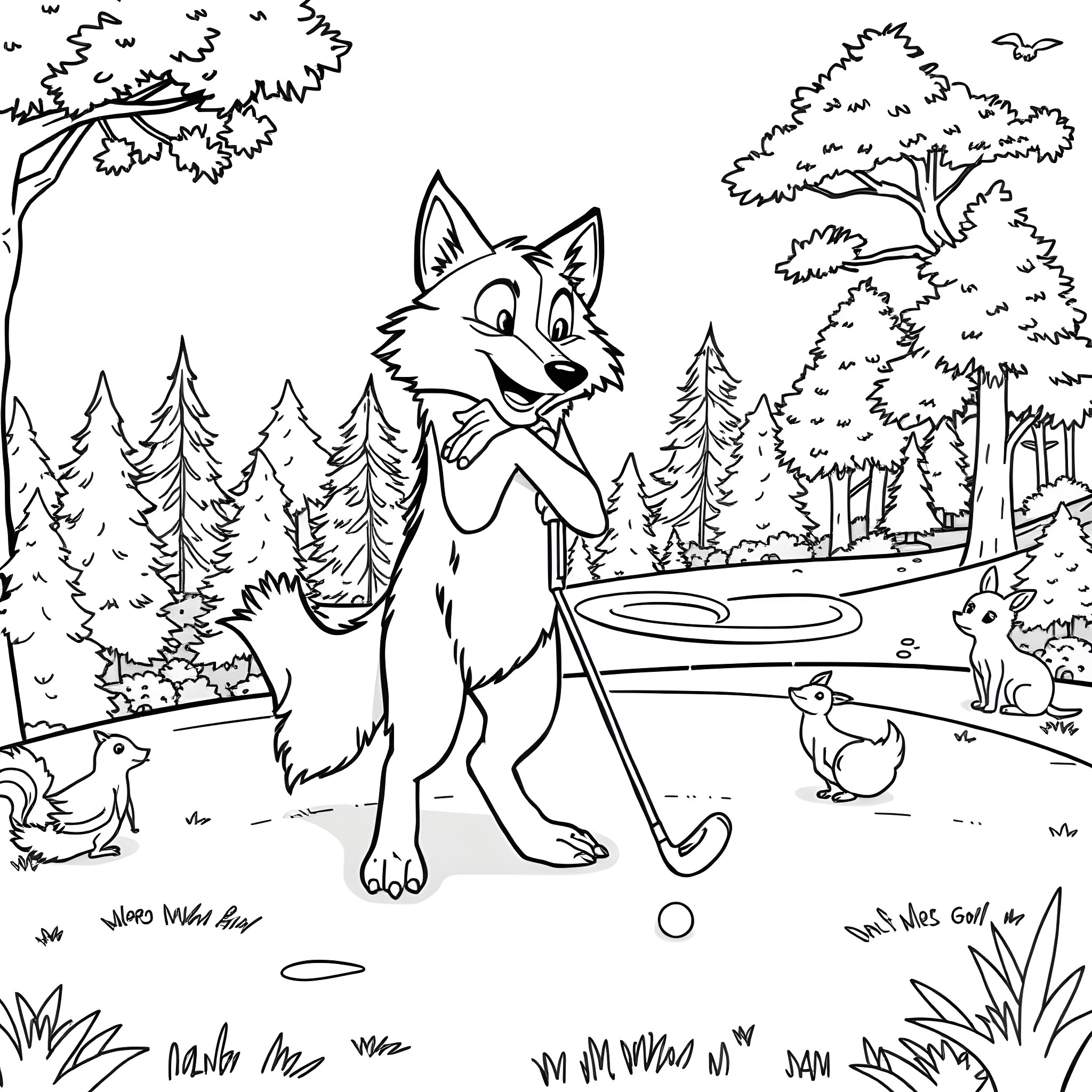 Wolf playing in the forest with animals Coloring Page (free black-and-white line drawing printable PDF for all, from beginners to advanced learners, including children, teens, adults, and seniors)