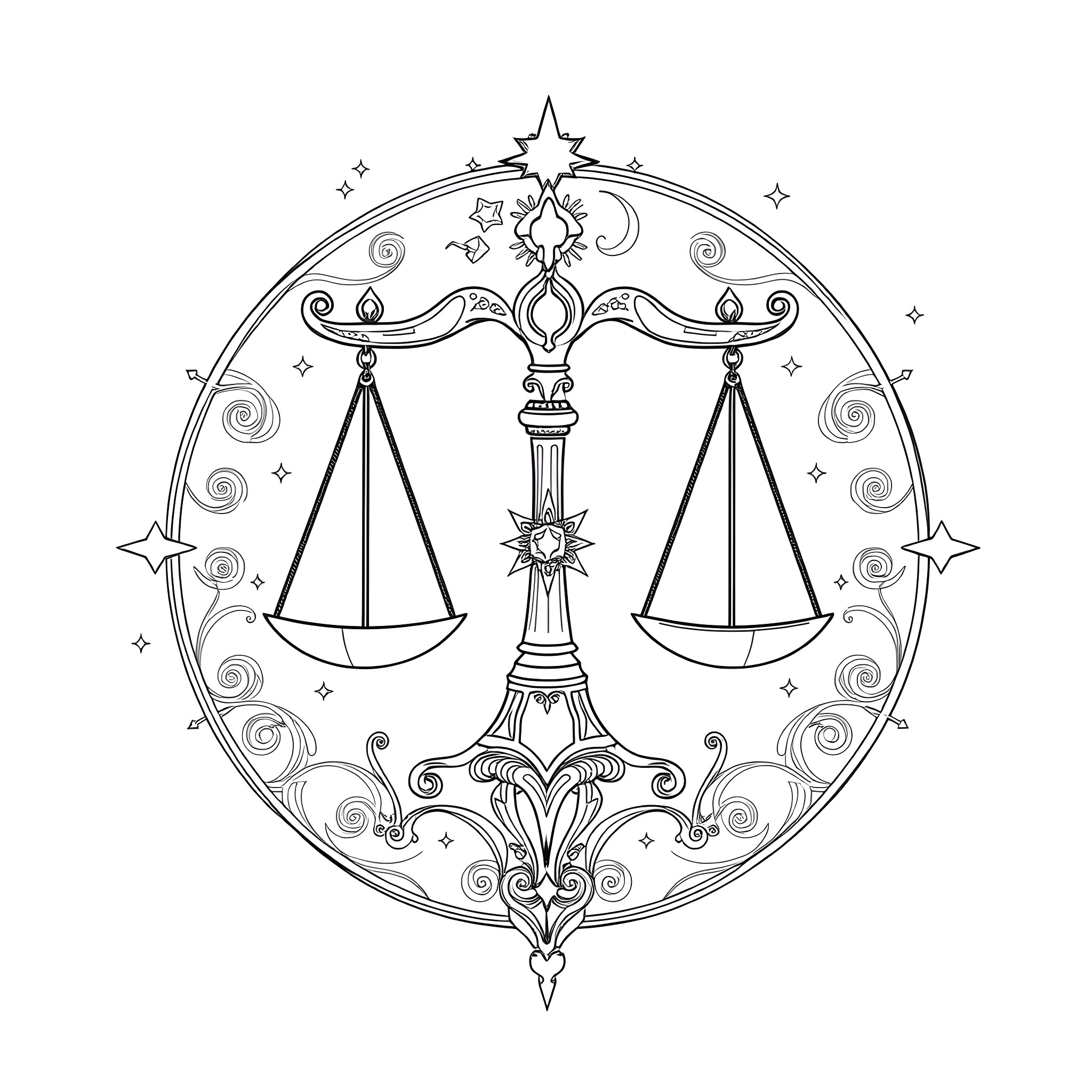 Libra: Astrological scales and celestial symbols Coloring Page (free black-and-white line drawing printable PDF for all, from beginners to advanced learners, including children, teens, adults, and seniors)