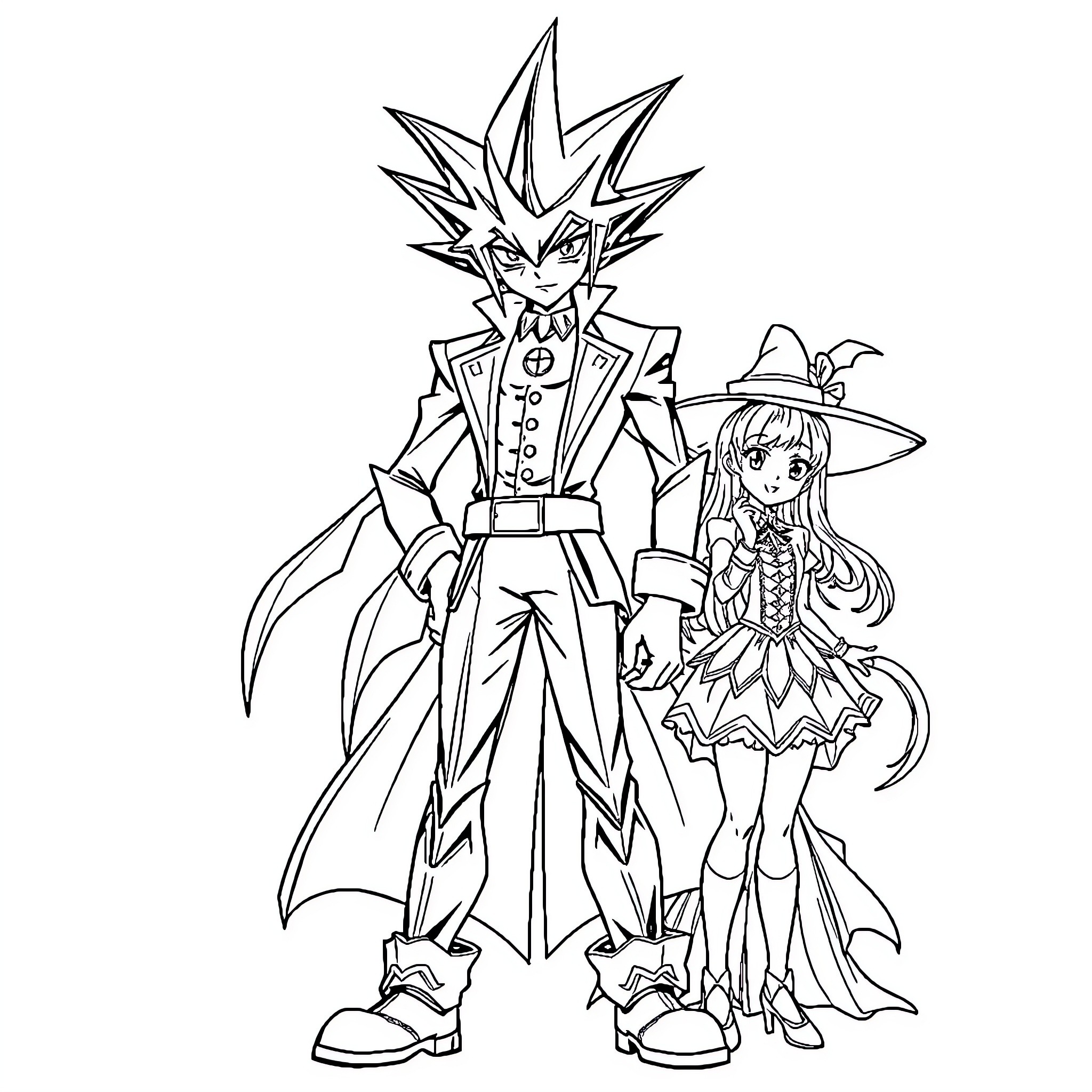 Yugi Muto and Friend in Striking Outfits Coloring Page (free black-and-white line drawing printable PDF for all, from beginners to advanced learners, including children, teens, adults, and seniors)
