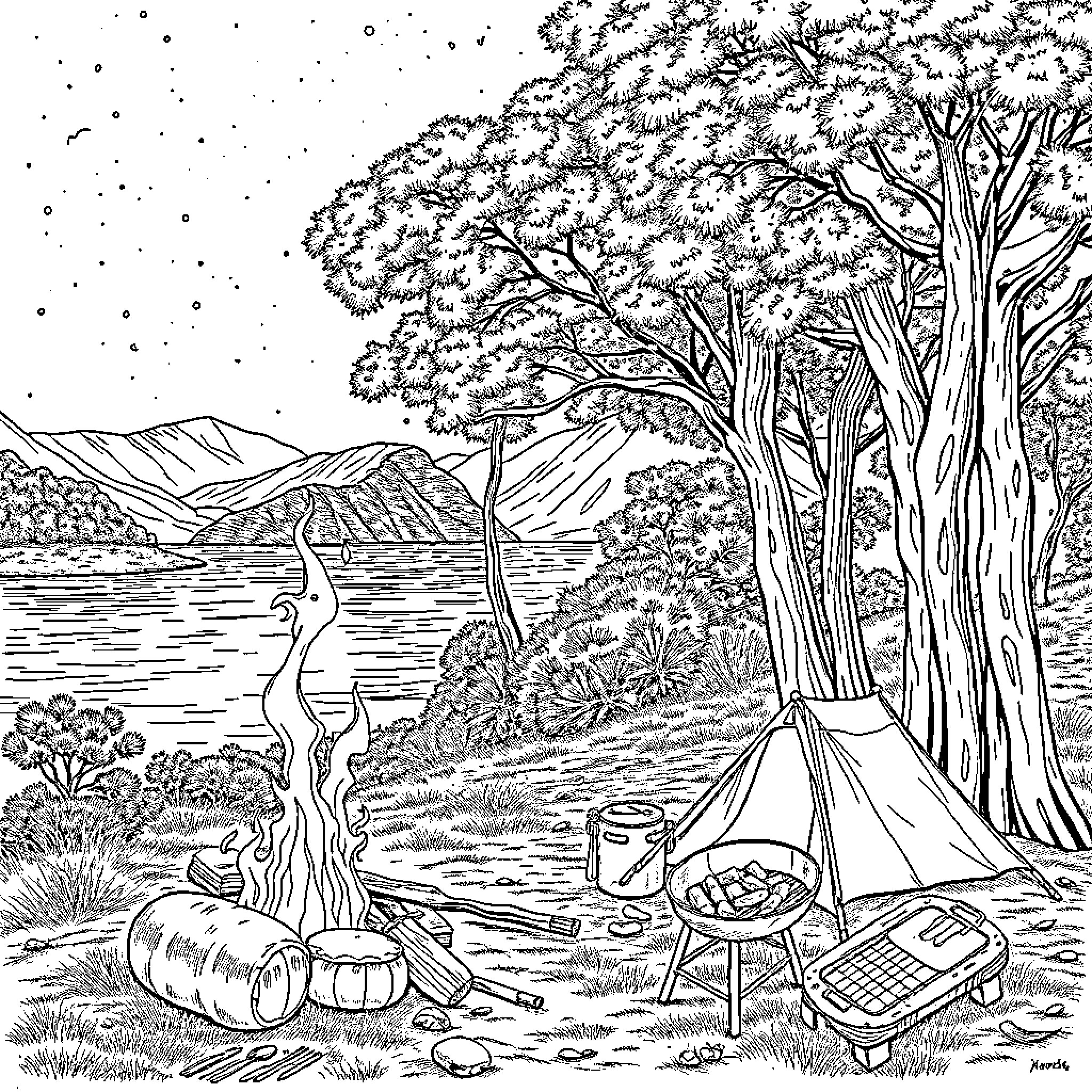 Camping in the serene wilderness Coloring Page (free black-and-white line drawing printable PDF for all, from beginners to advanced learners, including children, teens, adults, and seniors)