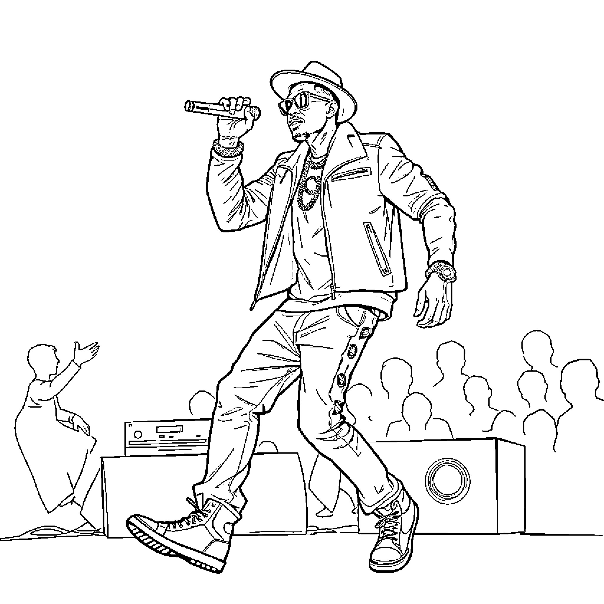 Soulja Boy Rocking the Stage with Enthusiastic Performance Coloring Page (free black-and-white line drawing printable PDF for all, from beginners to advanced learners, including children, teens, adults, and seniors)