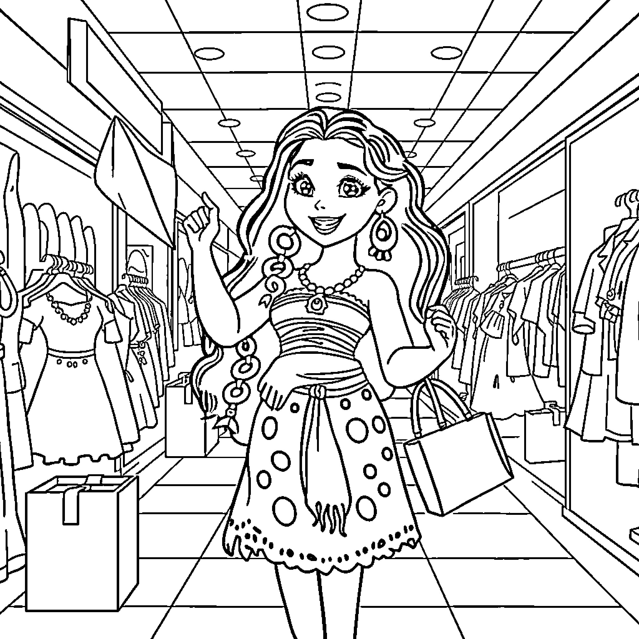 Moana exploring a vibrant clothing store Coloring Page (free black-and-white line drawing printable PDF for all, from beginners to advanced learners, including children, teens, adults, and seniors)