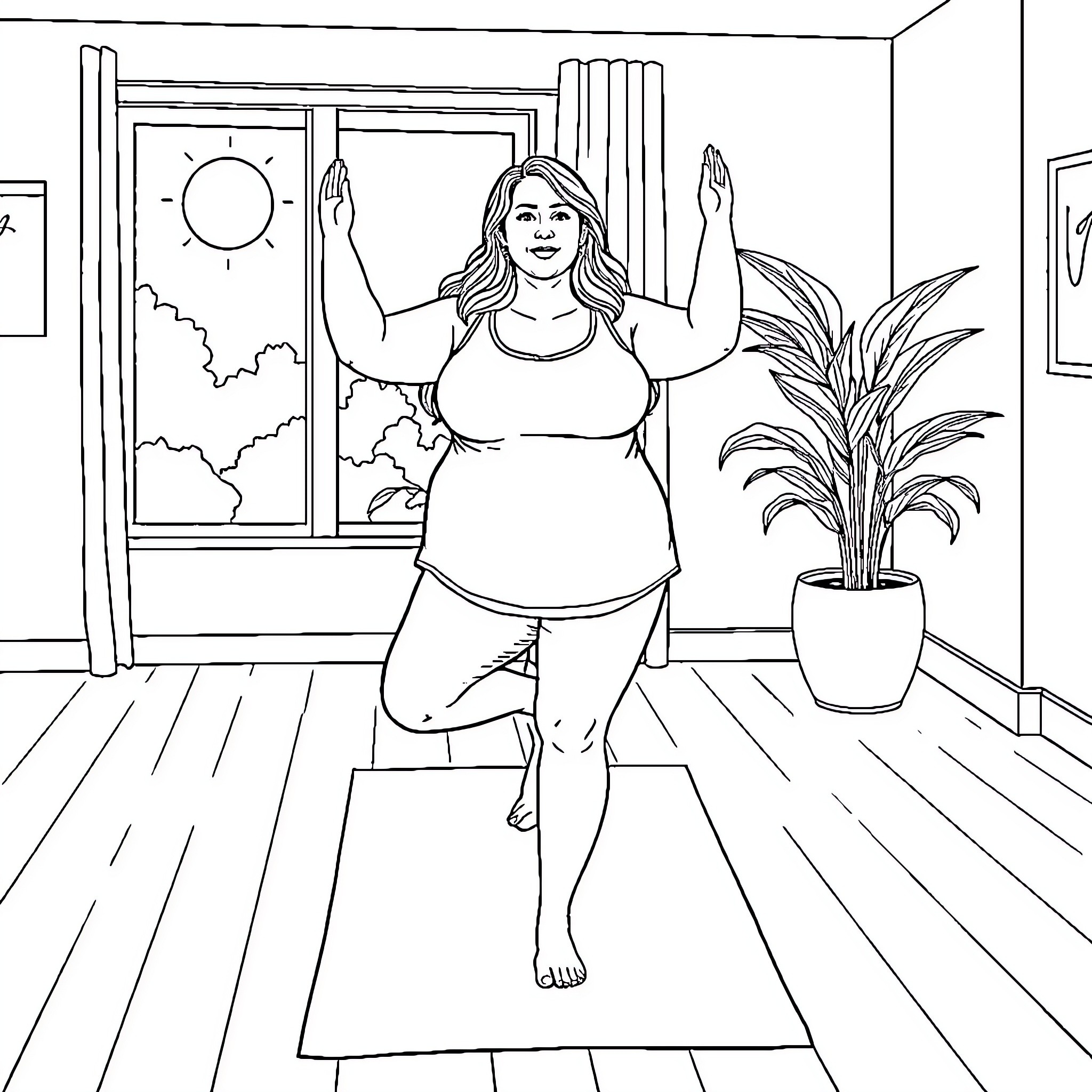 Woman exercising in her home with joy Coloring Page (free black-and-white line drawing printable PDF for all, from beginners to advanced learners, including children, teens, adults, and seniors)