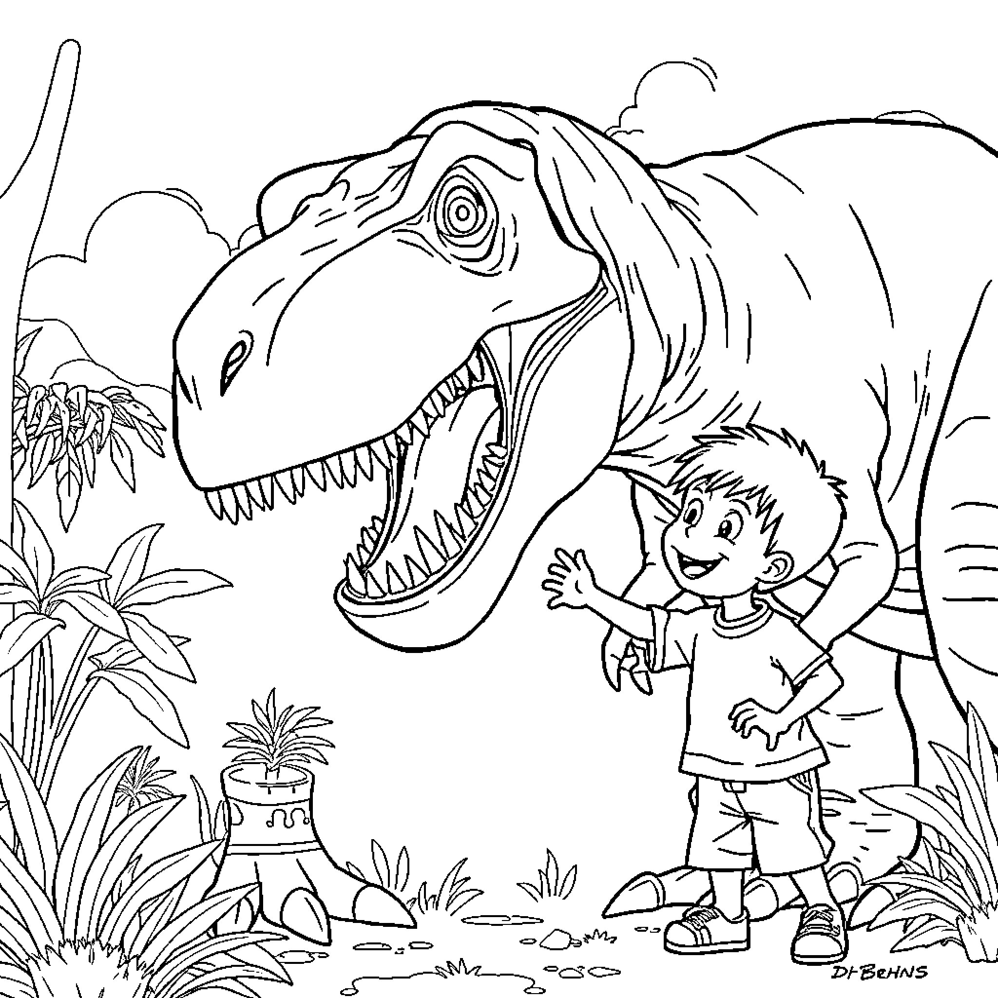 Dino and the Adventurous Boy in the Jungle Coloring Page (free black-and-white line drawing printable PDF for all, from beginners to advanced learners, including children, teens, adults, and seniors)