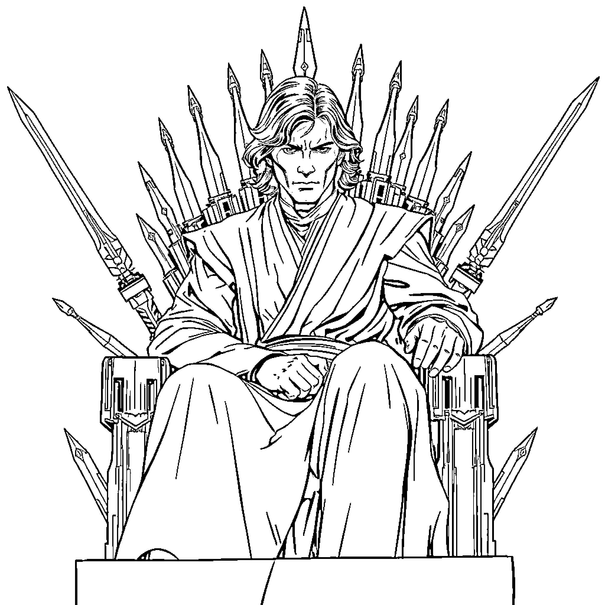 Anakin Skywalker sitting on the Throne of Swords Coloring Page (free black-and-white line drawing printable PDF for all, from beginners to advanced learners, including children, teens, adults, and seniors)