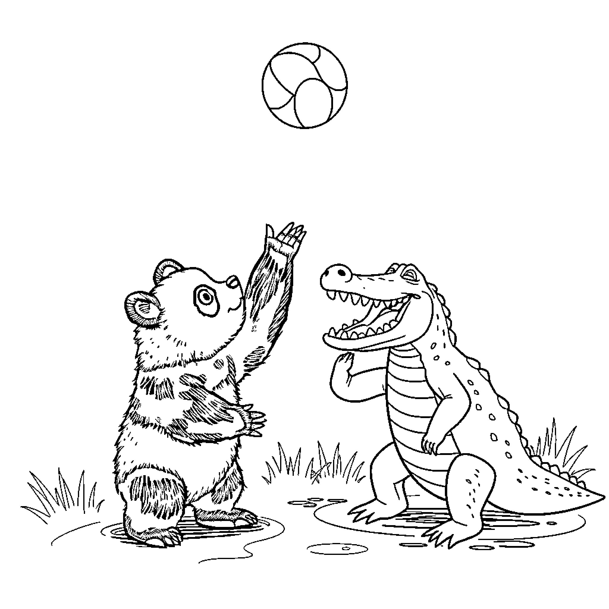 Panda and alligator playing with ball Coloring Page (free black-and-white line drawing printable PDF for all, from beginners to advanced learners, including children, teens, adults, and seniors)