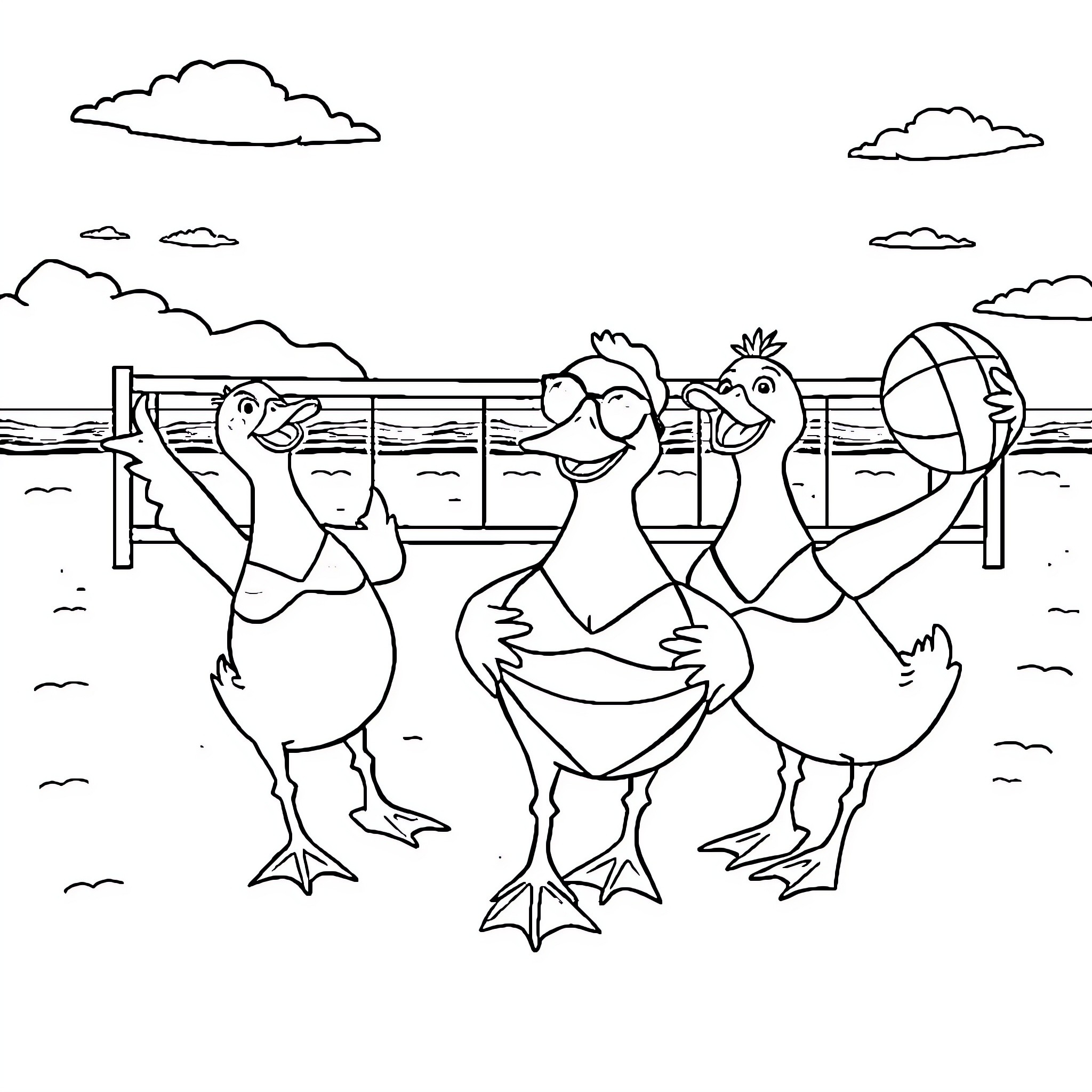 Duck friends enjoying a day by the water Coloring Page (free black-and-white line drawing printable PDF for all, from beginners to advanced learners, including children, teens, adults, and seniors)