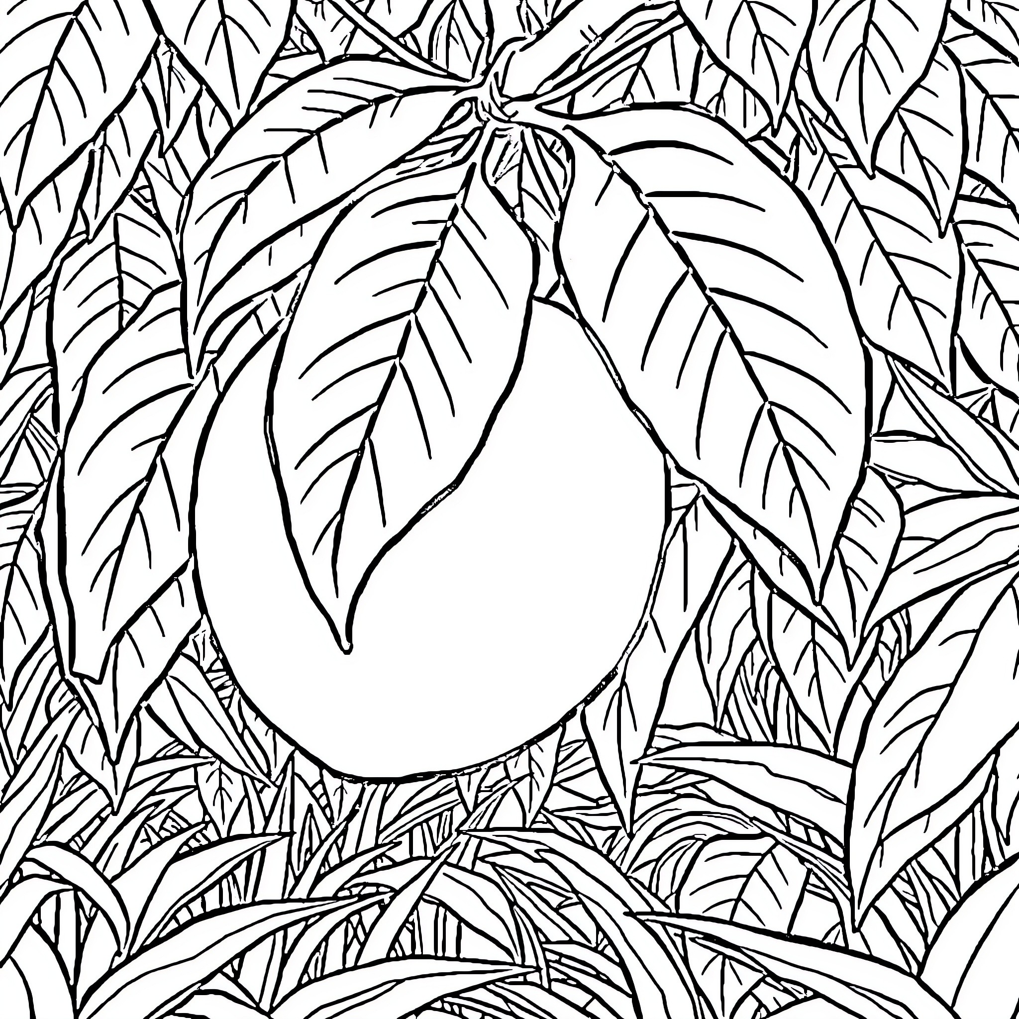 Peach growing in lush foliage Coloring Page (free black-and-white line drawing printable PDF for all, from beginners to advanced learners, including children, teens, adults, and seniors)