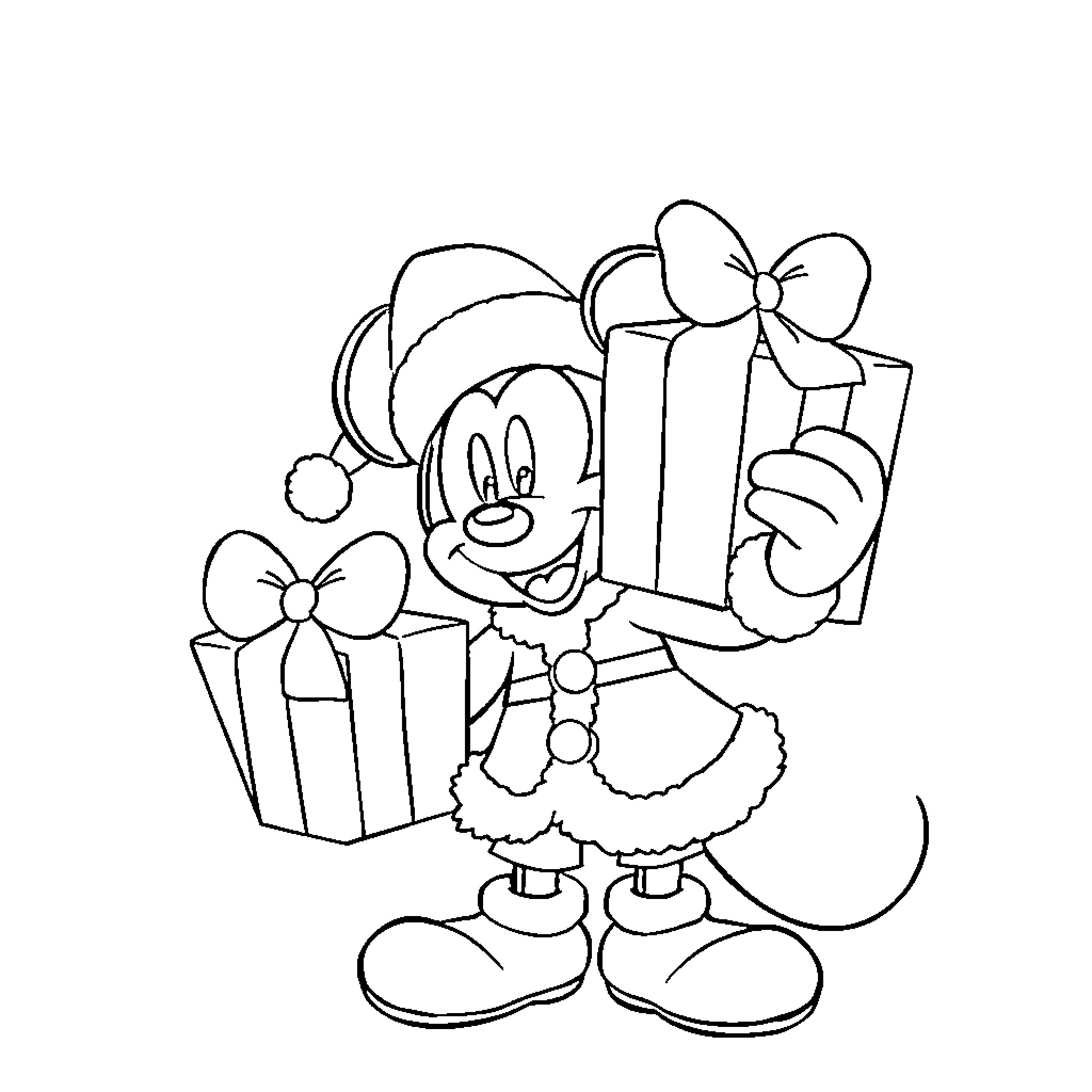 Mickey Mouse with Christmas Gifts and Decorations Coloring Page (free black-and-white line drawing printable PDF for all, from beginners to advanced learners, including children, teens, adults, and seniors)