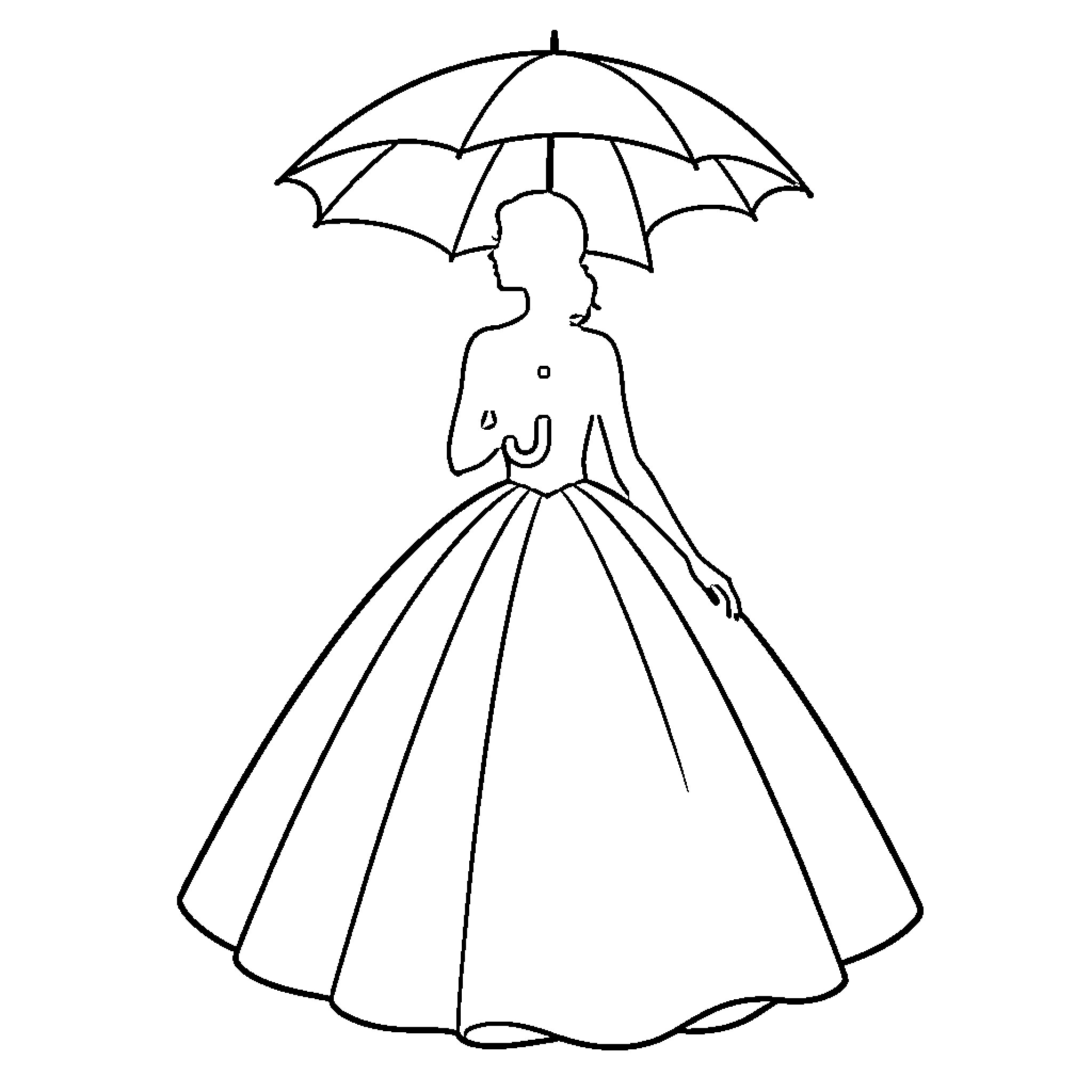 Woman in a ball gown holding a parasol Coloring Page (free black-and-white line drawing printable PDF for all, from beginners to advanced learners, including children, teens, adults, and seniors)