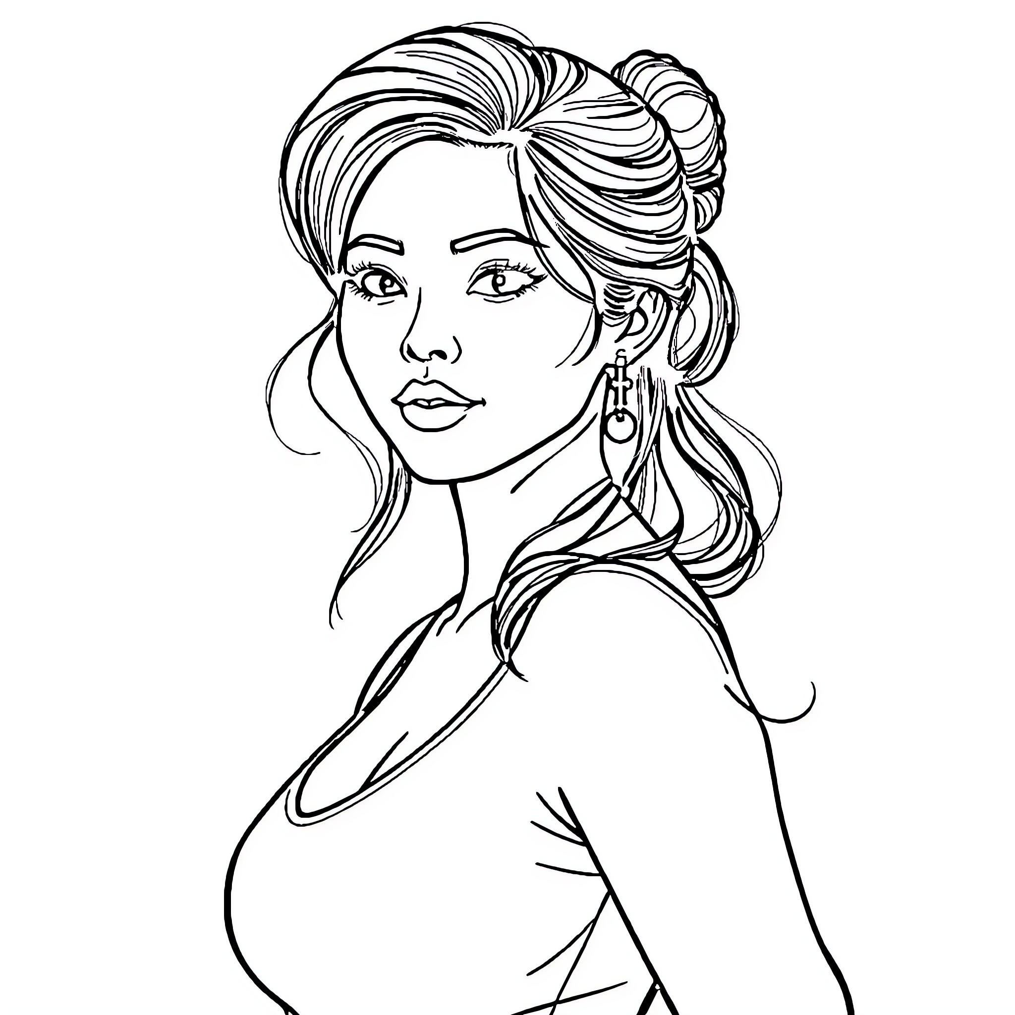 Woman with stylish updo and elegant attire Coloring Page (free black-and-white line drawing printable PDF for all, from beginners to advanced learners, including children, teens, adults, and seniors)
