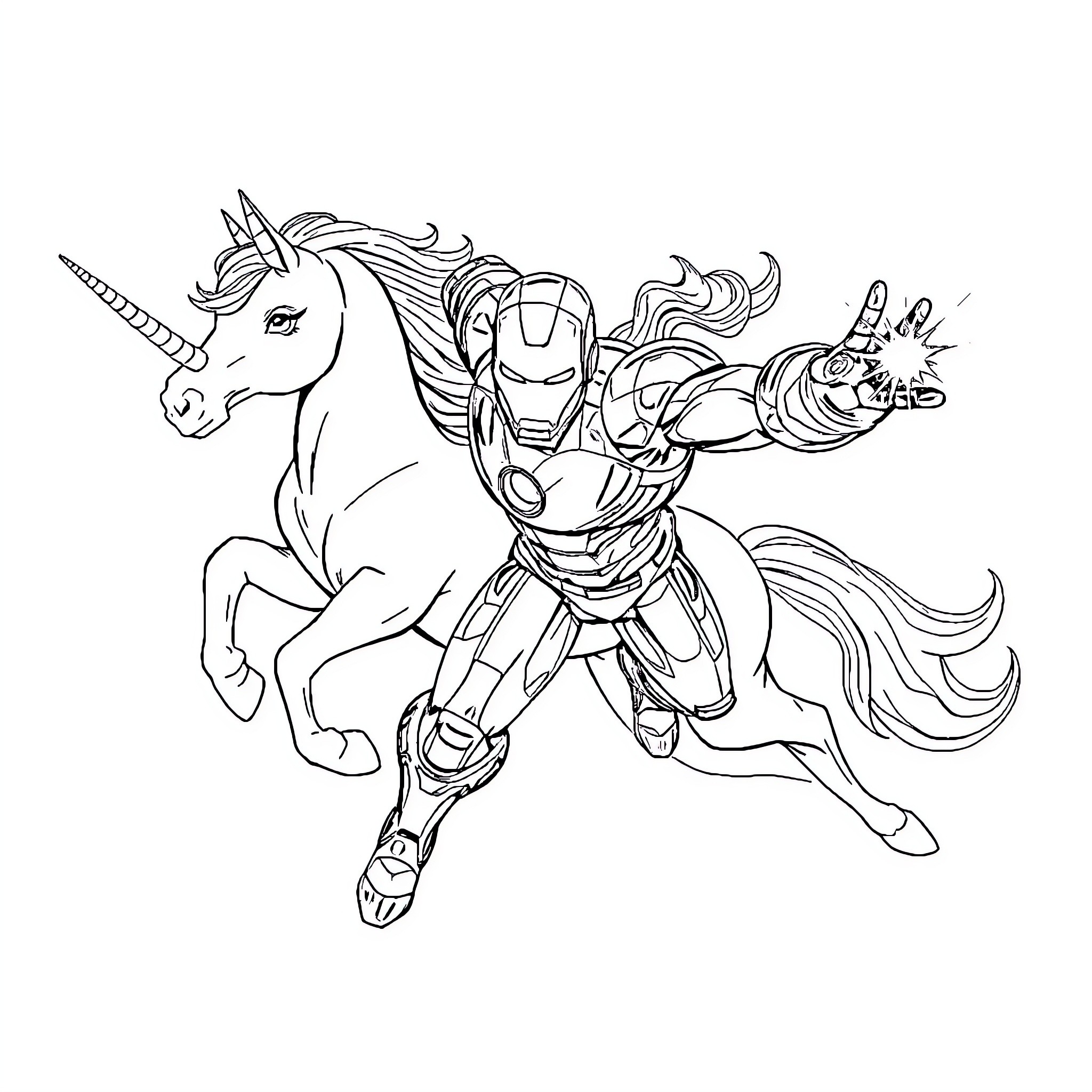 Iron Man riding a fantastical unicorn in heroic action Coloring Page (free black-and-white line drawing printable PDF for all, from beginners to advanced learners, including children, teens, adults, and seniors)
