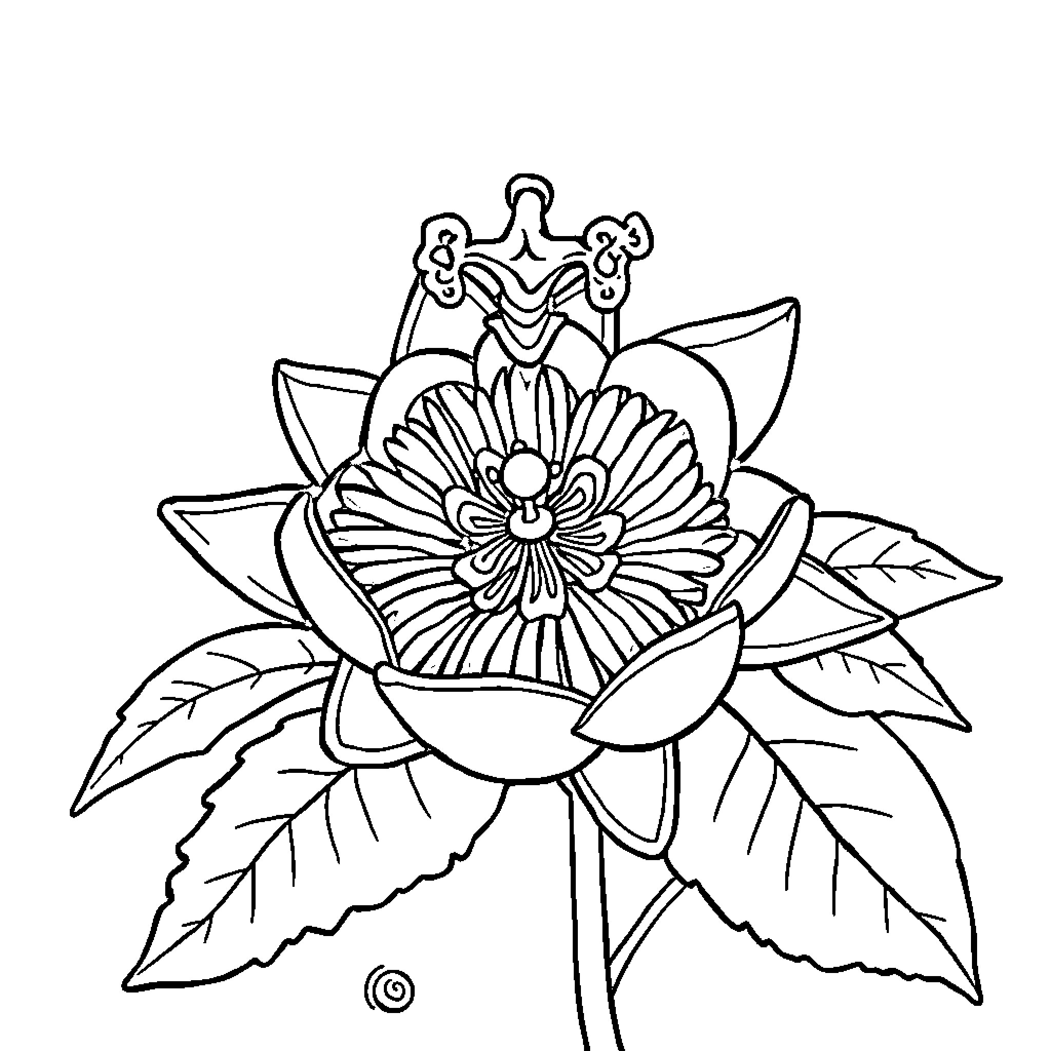 Passion Fruit Flower with Ornate Design Coloring Page (free black-and-white line drawing printable PDF for all, from beginners to advanced learners, including children, teens, adults, and seniors)