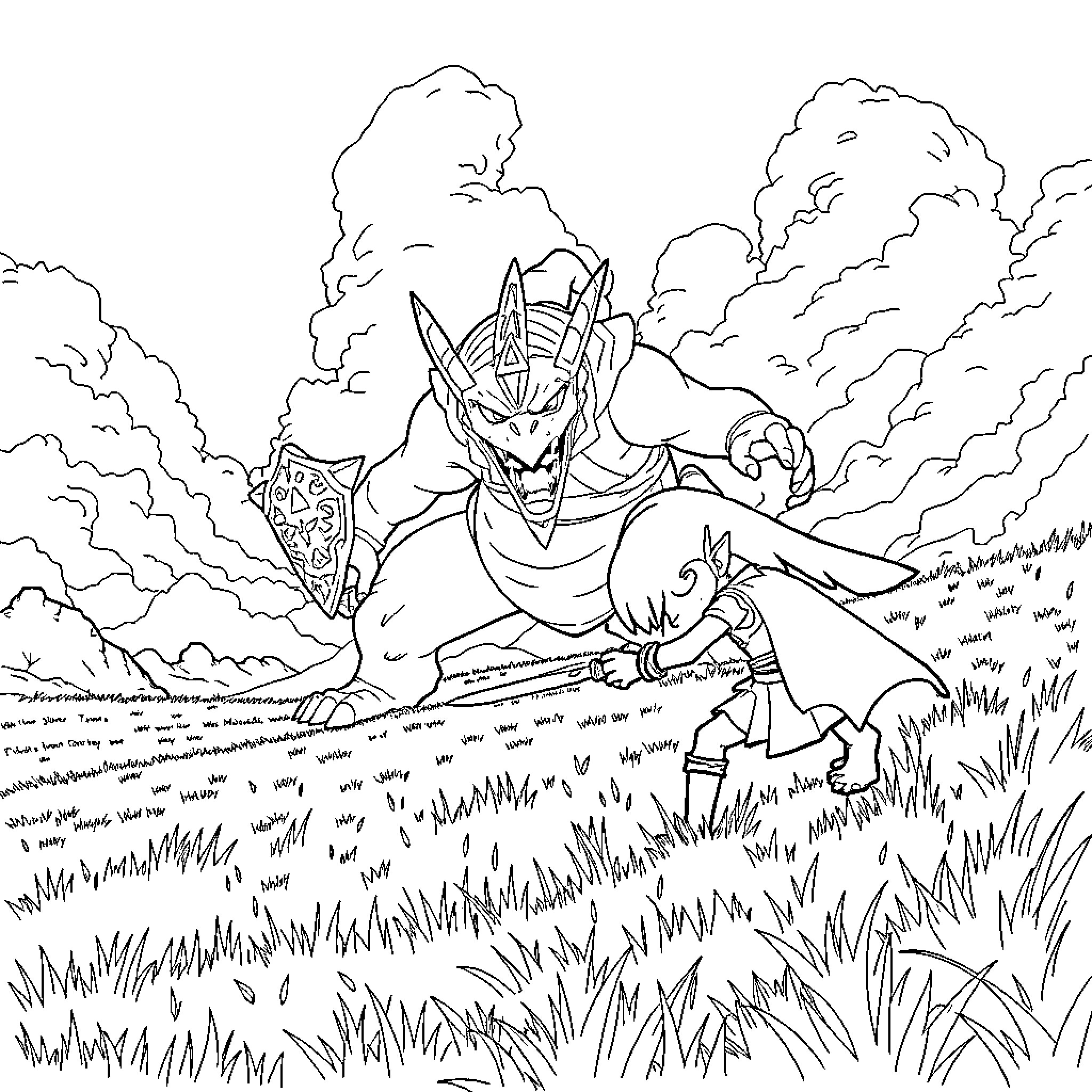 Legend of Zelda: Fierce Warrior in the Enchanted Wilderness Coloring Page (free black-and-white line drawing printable PDF for all, from beginners to advanced learners, including children, teens, adults, and seniors)