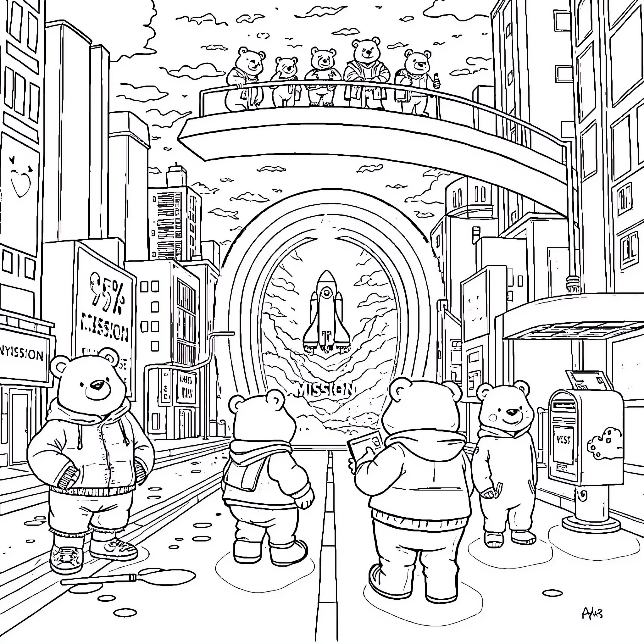 Bears exploring a futuristic city skyline Coloring Page (free black-and-white line drawing printable PDF for all, from beginners to advanced learners, including children, teens, adults, and seniors)