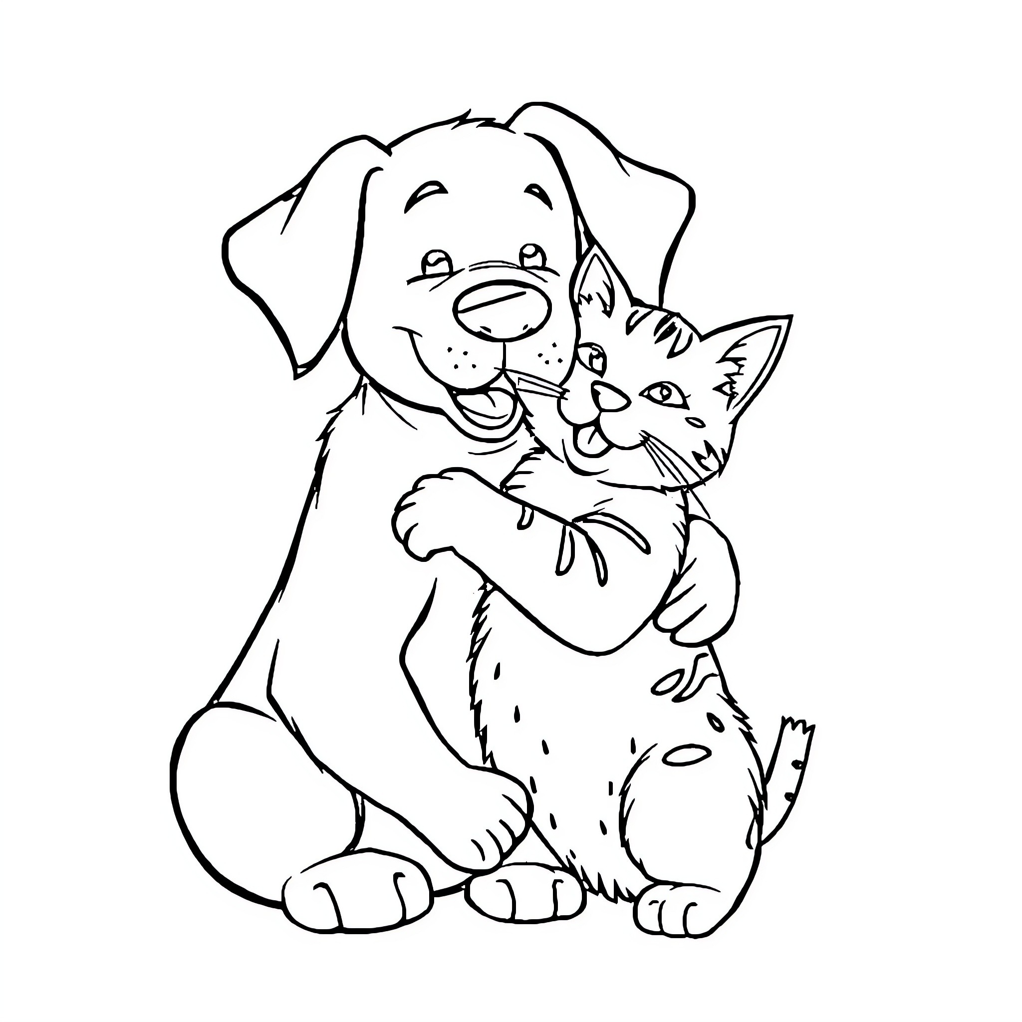 Dog Embracing Playful Kitten Coloring Page (free black-and-white line drawing printable PDF for all, from beginners to advanced learners, including children, teens, adults, and seniors)
