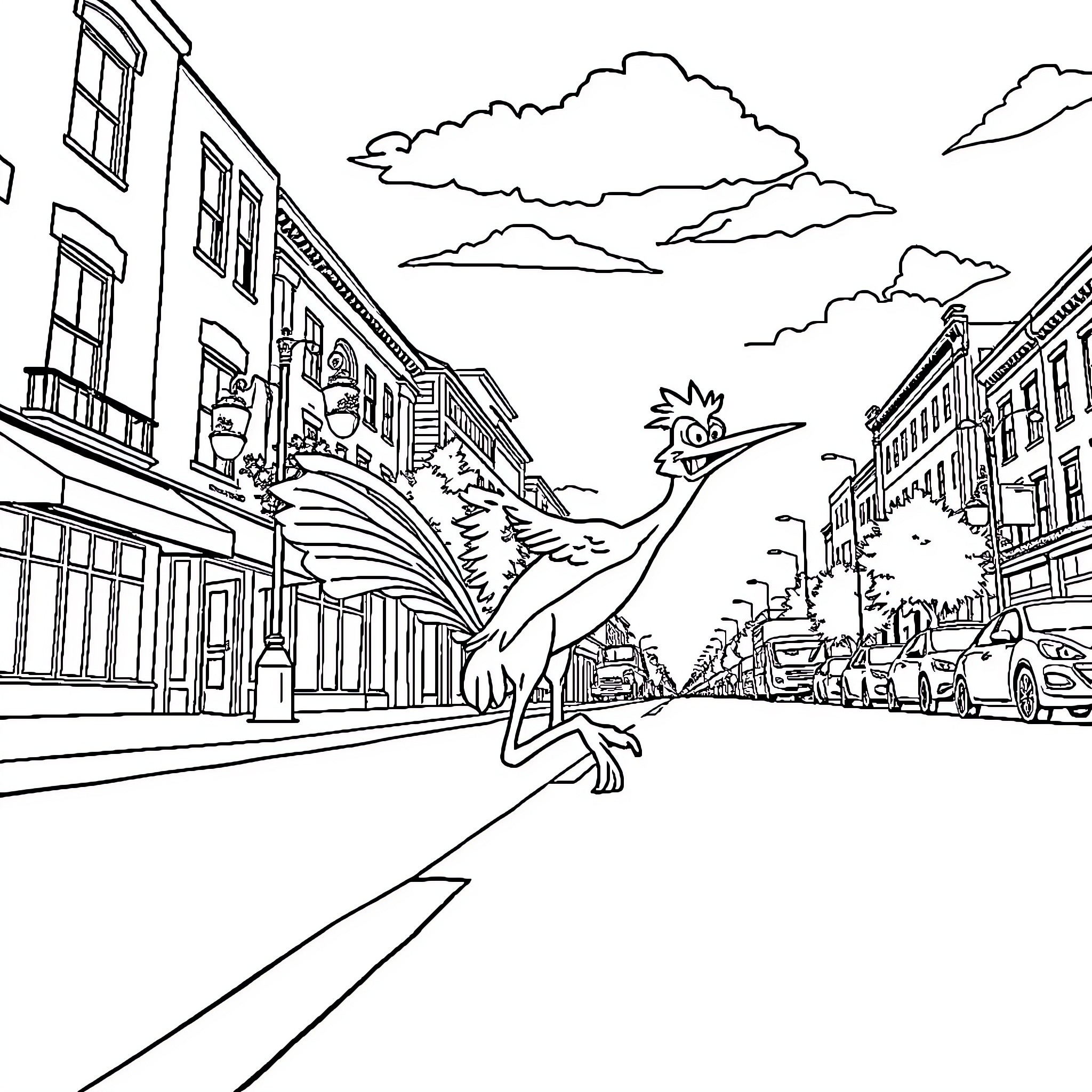 Road Runner Dashing Through the City Streets Coloring Page (free black-and-white line drawing printable PDF for all, from beginners to advanced learners, including children, teens, adults, and seniors)