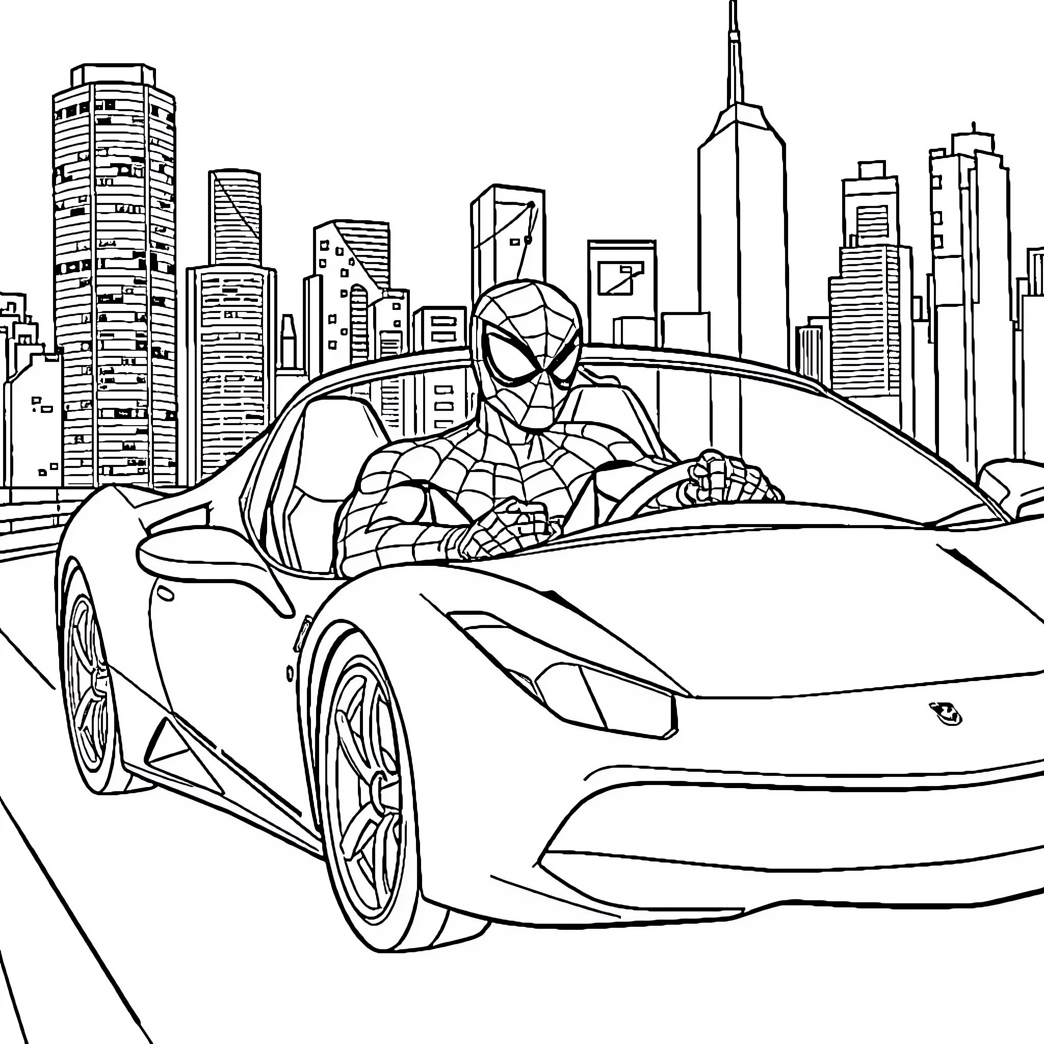 Spiderman swinging through the city in a sports car Coloring Page (free black-and-white line drawing printable PDF for all, from beginners to advanced learners, including children, teens, adults, and seniors)