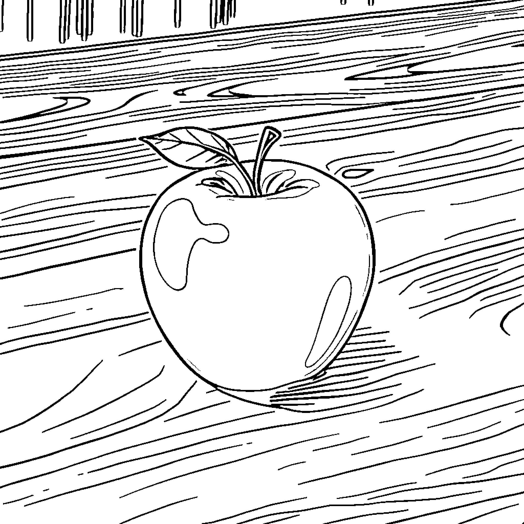 Apple on a Wooden Surface Coloring Page (free black-and-white line drawing printable PDF for all, from beginners to advanced learners, including children, teens, adults, and seniors)
