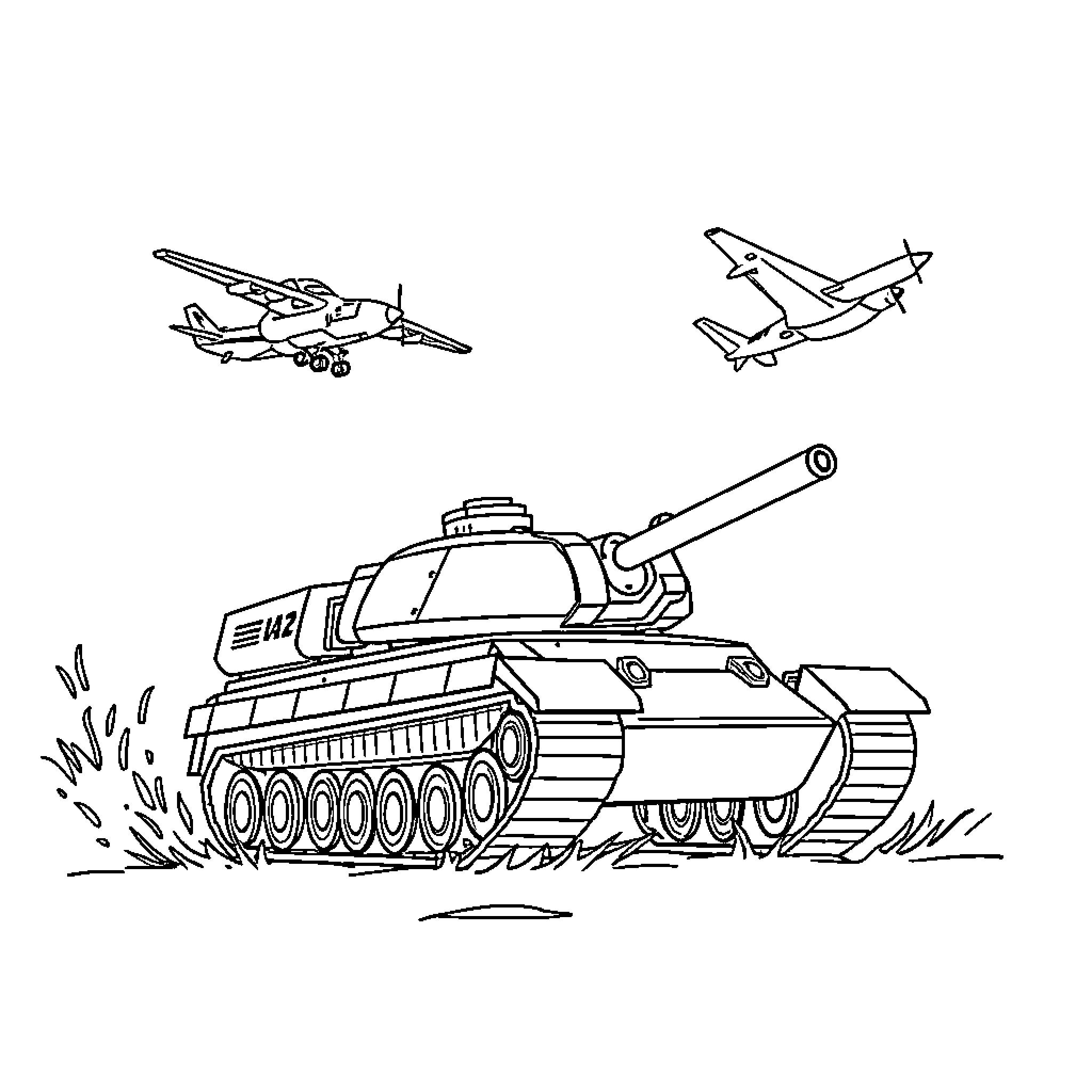 Military Vehicles in Action Coloring Page (free black-and-white line drawing printable PDF for all, from beginners to advanced learners, including children, teens, adults, and seniors)