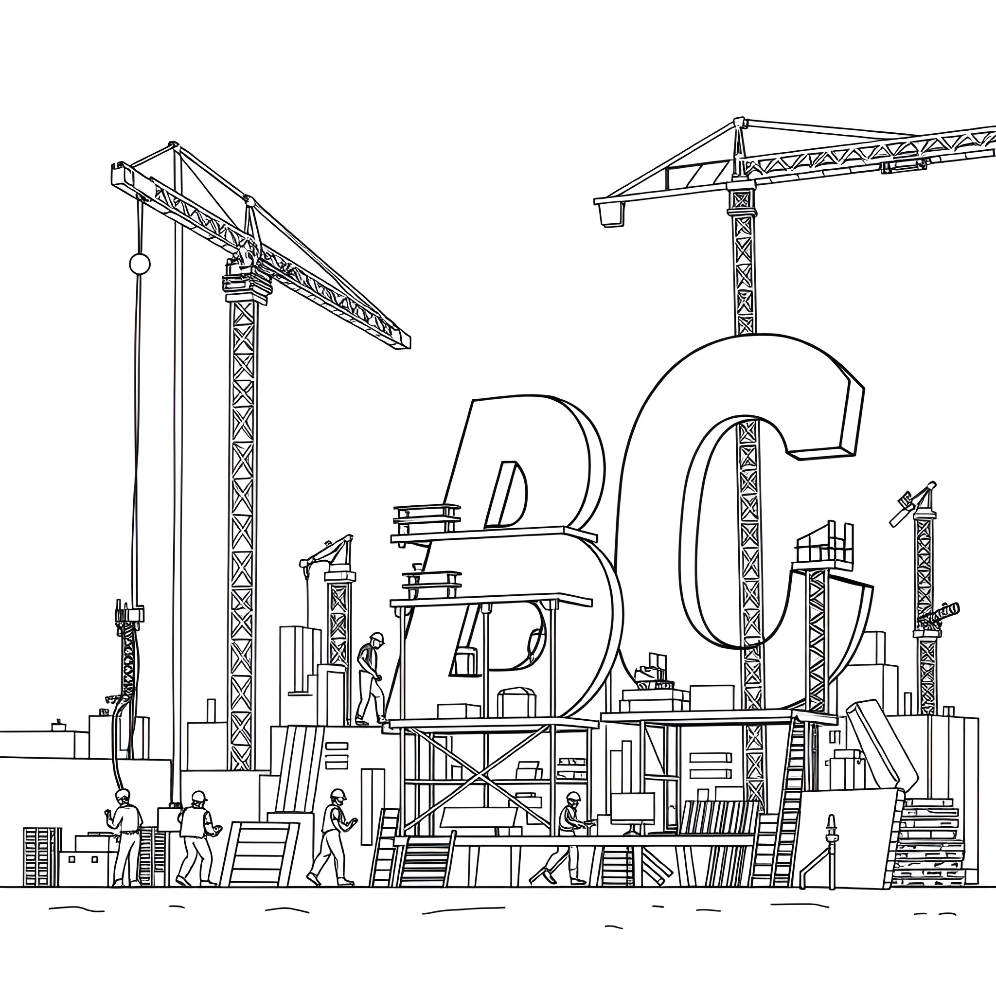 Construction workers assembling large structures Coloring Page (free black-and-white line drawing printable PDF for all, from beginners to advanced learners, including children, teens, adults, and seniors)