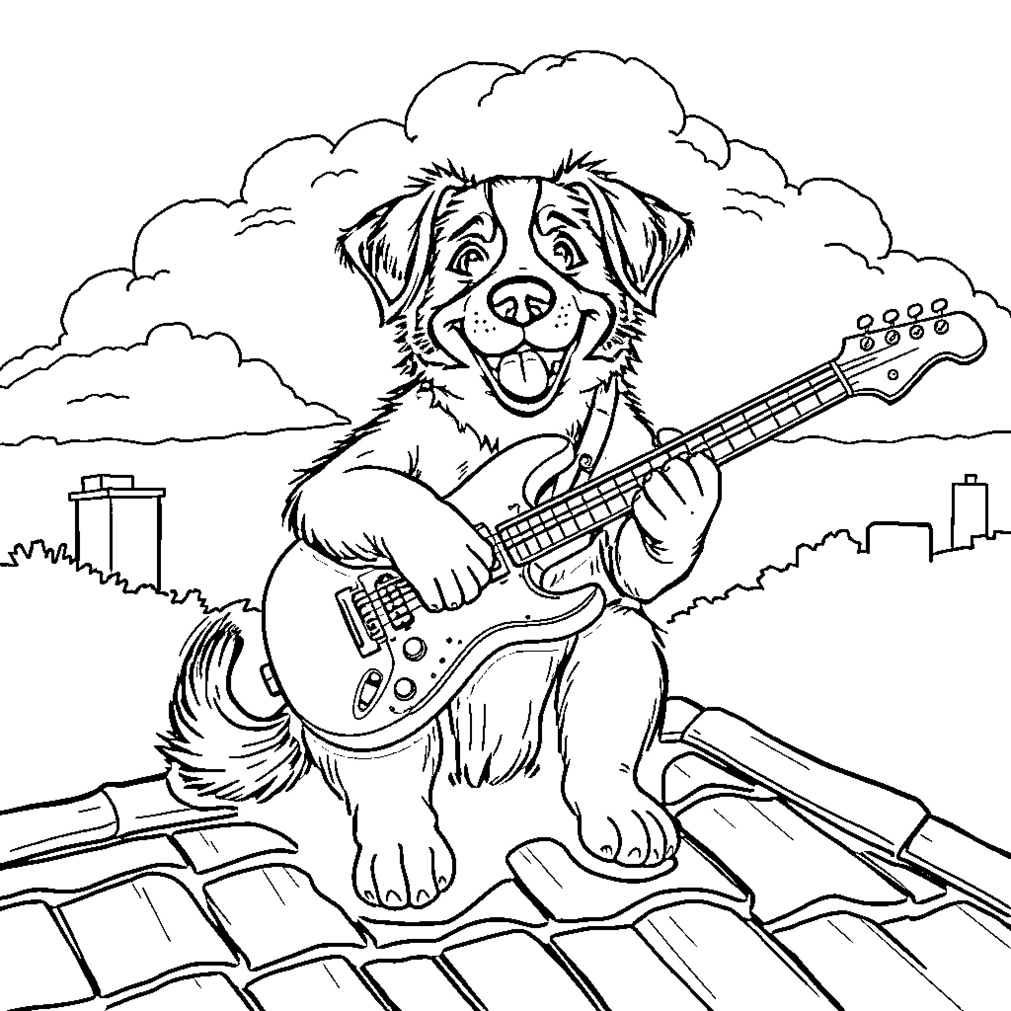 Dog playing guitar on the rooftop Coloring Page (free black-and-white line drawing printable PDF for all, from beginners to advanced learners, including children, teens, adults, and seniors)