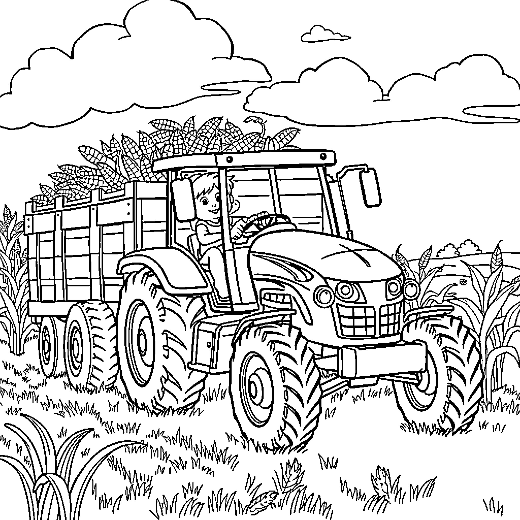 Tractor hauling crops in rural landscape Coloring Page (free black-and-white line drawing printable PDF for all, from beginners to advanced learners, including children, teens, adults, and seniors)