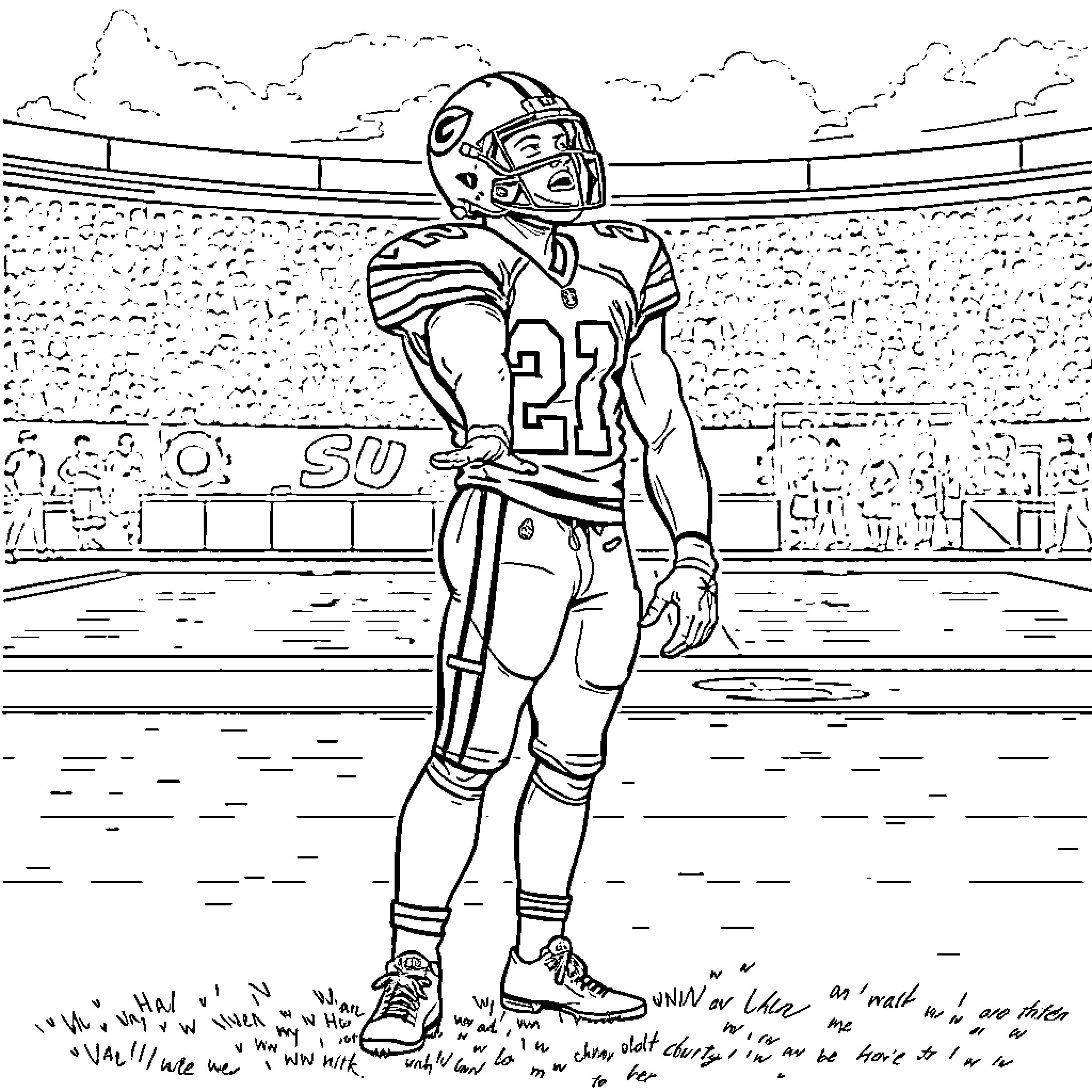 Saquon Barkley on the football field Coloring Page (free black-and-white line drawing printable PDF for all, from beginners to advanced learners, including children, teens, adults, and seniors)