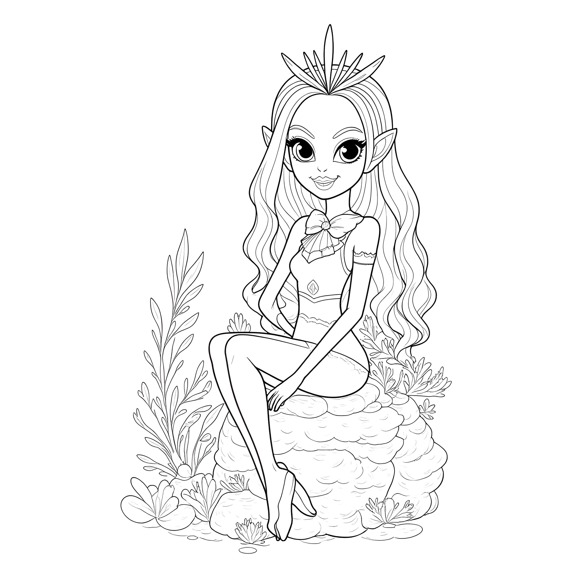Meeshell in floral garden pose Coloring Page (free black-and-white line drawing printable PDF for all, from beginners to advanced learners, including children, teens, adults, and seniors)