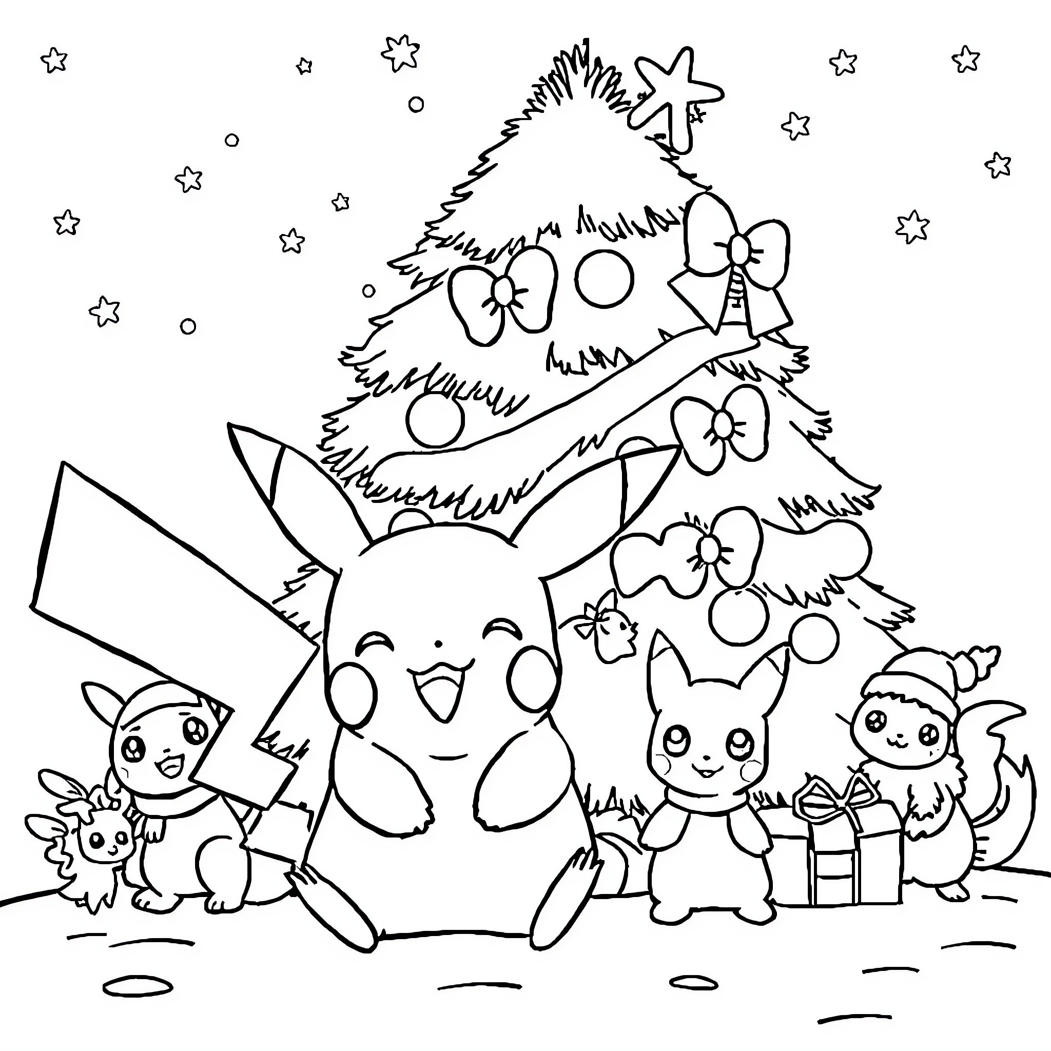 Pikachu and Friends Celebrate Christmas with Festive Tree Coloring Page (free black-and-white line drawing printable PDF for all, from beginners to advanced learners, including children, teens, adults, and seniors)