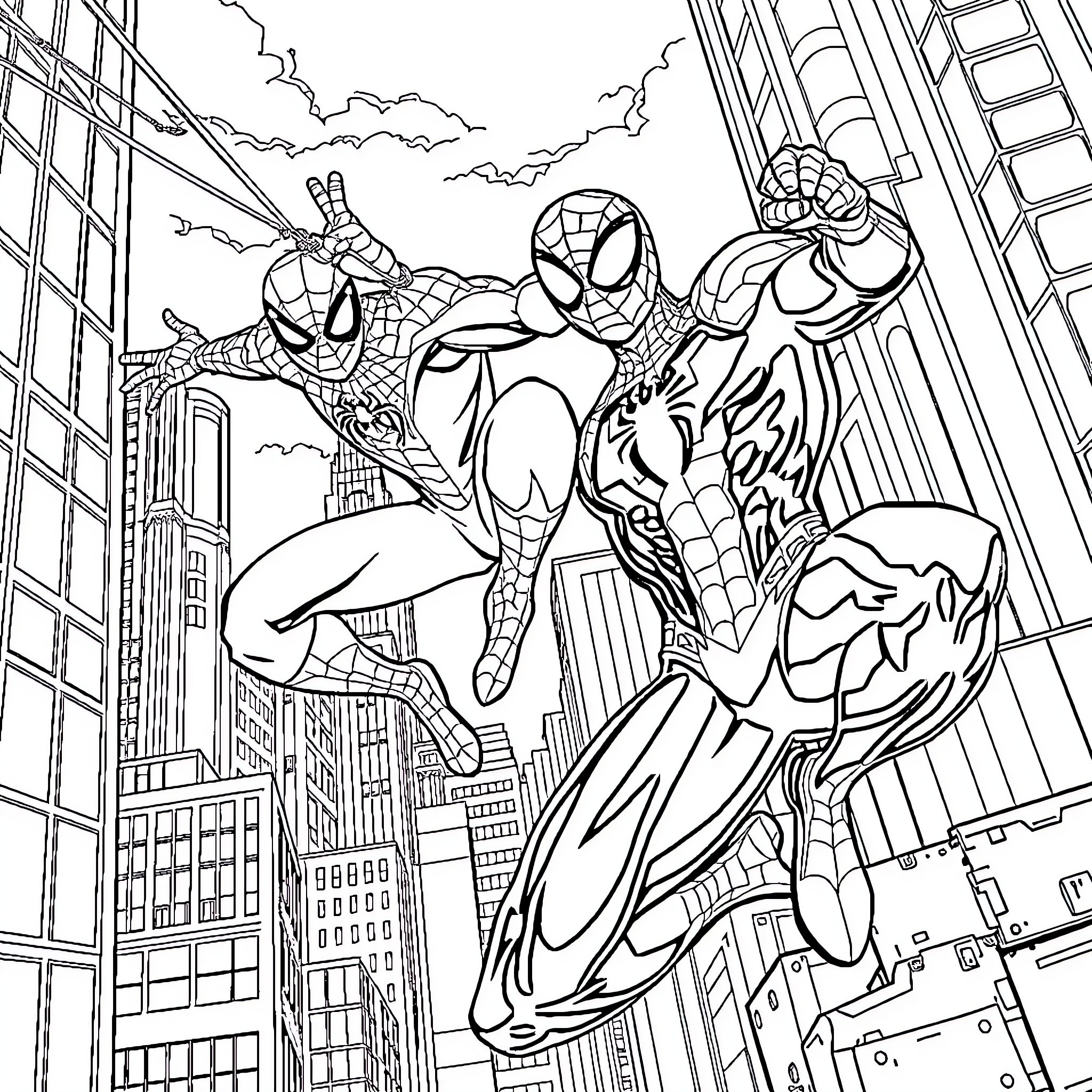 Spider-Man swinging through the city skyscrapers Coloring Page (free black-and-white line drawing printable PDF for all, from beginners to advanced learners, including children, teens, adults, and seniors)
