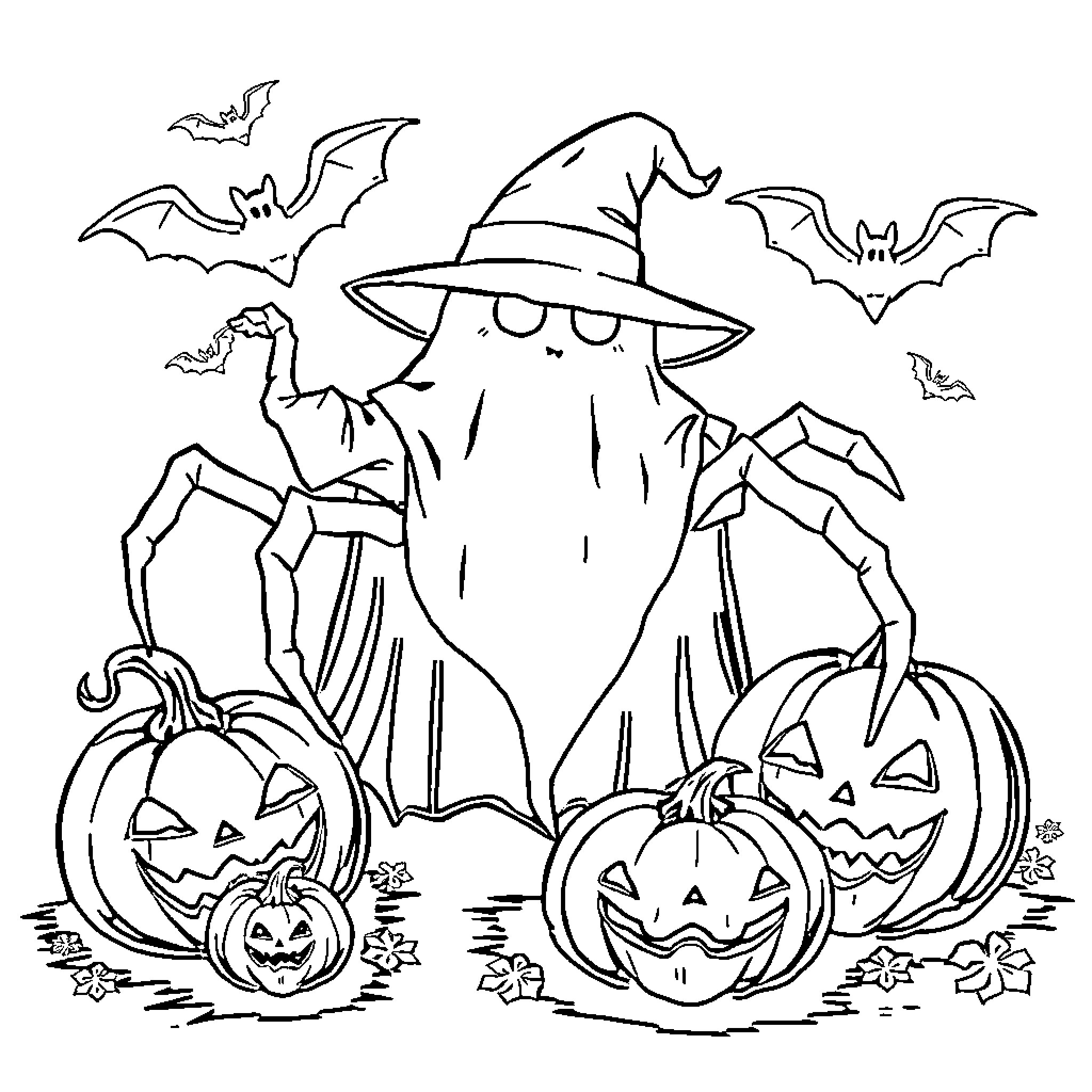 Ghostspider's Spooky Halloween Scene Coloring Page (free black-and-white line drawing printable PDF for all, from beginners to advanced learners, including children, teens, adults, and seniors)