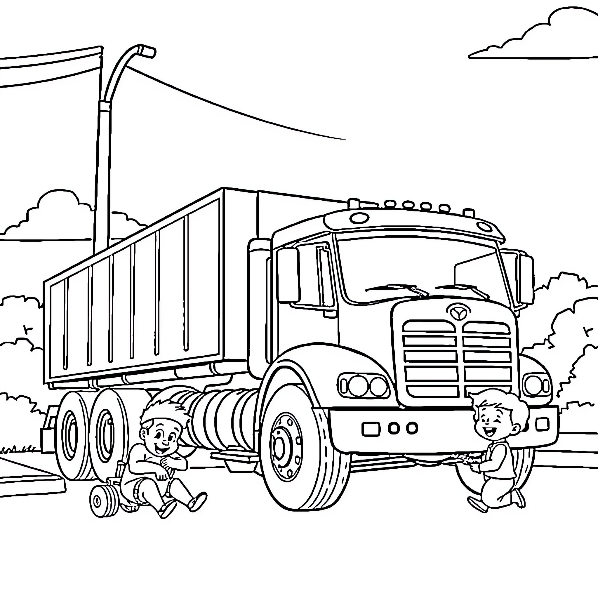 Truck with children playing near construction site Coloring Page (free black-and-white line drawing printable PDF for all, from beginners to advanced learners, including children, teens, adults, and seniors)