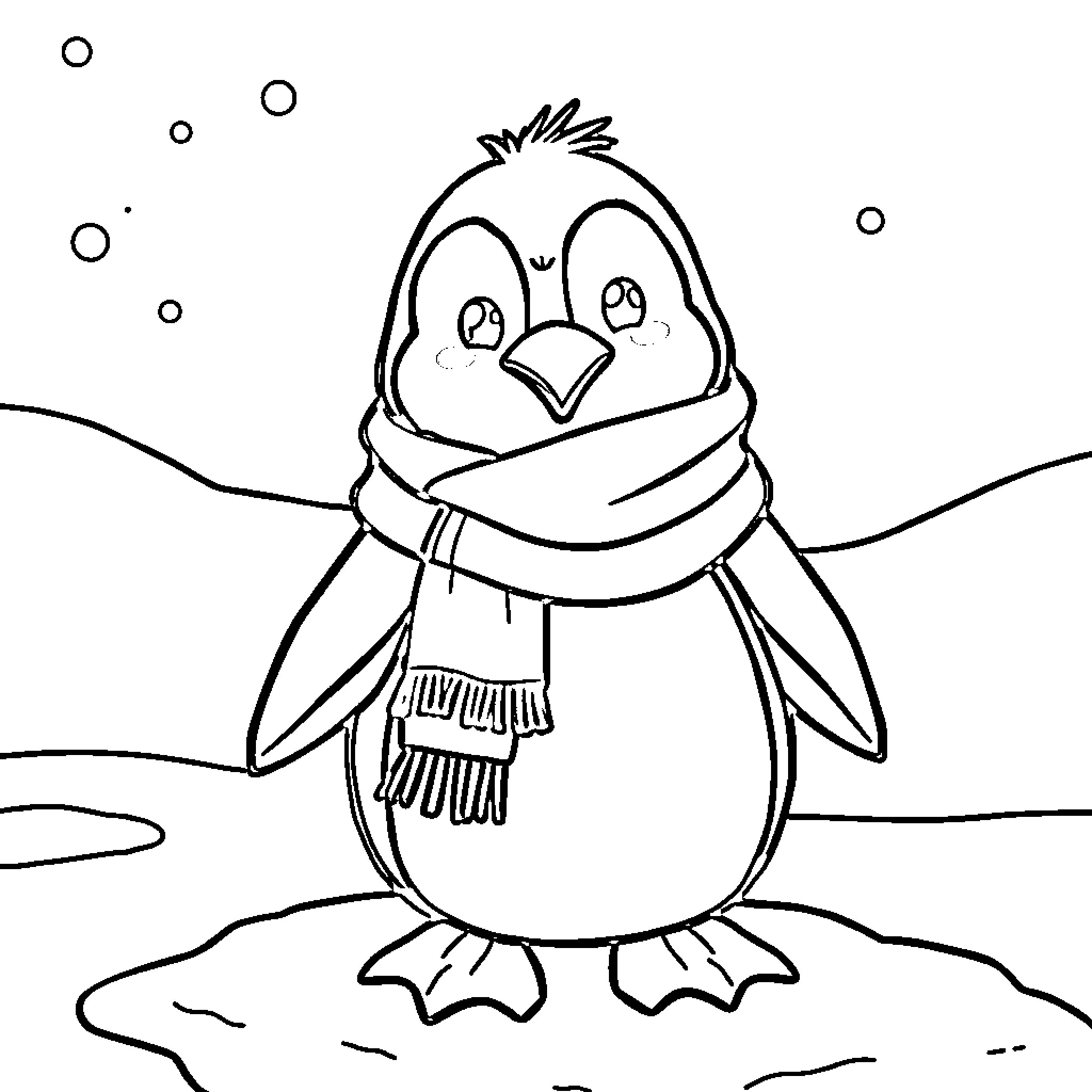 Penguin wearing a warm scarf Coloring Page (free black-and-white line drawing printable PDF for all, from beginners to advanced learners, including children, teens, adults, and seniors)