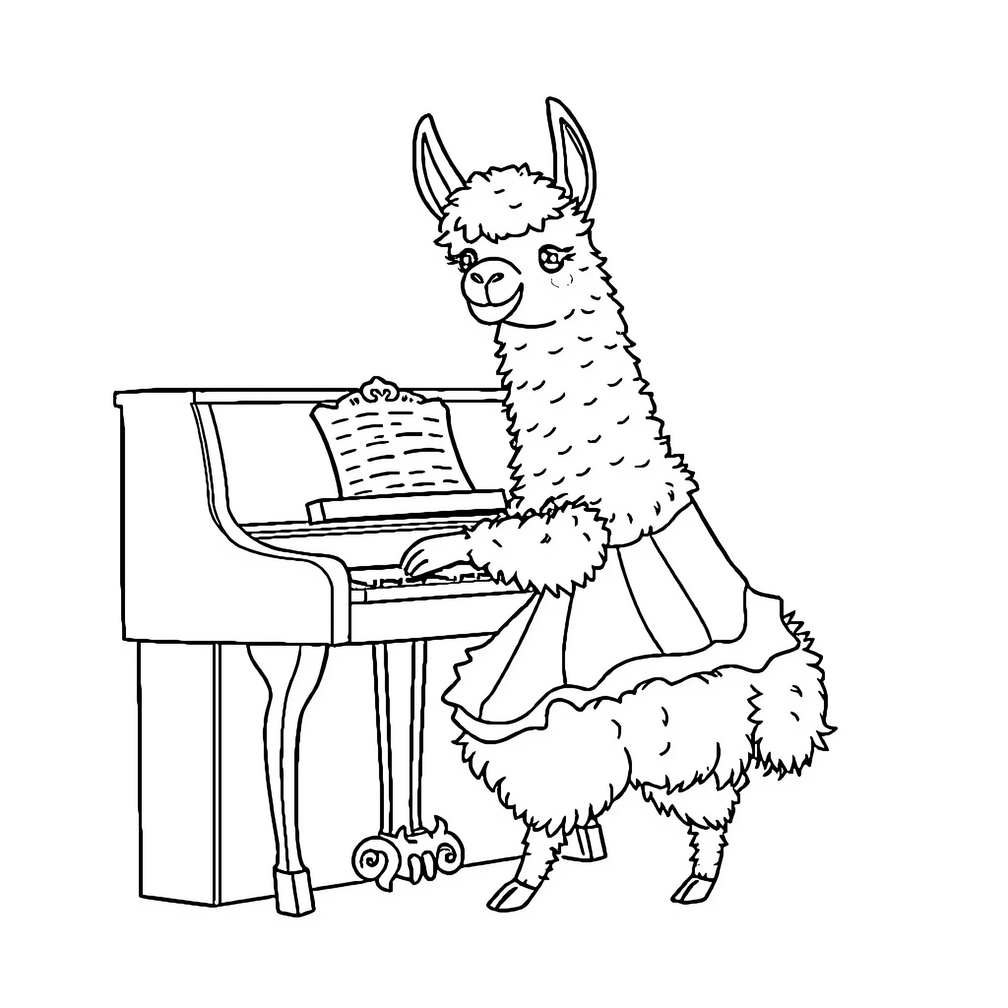 Llama playing piano with musical score Coloring Page (free black-and-white line drawing printable PDF for all, from beginners to advanced learners, including children, teens, adults, and seniors)
