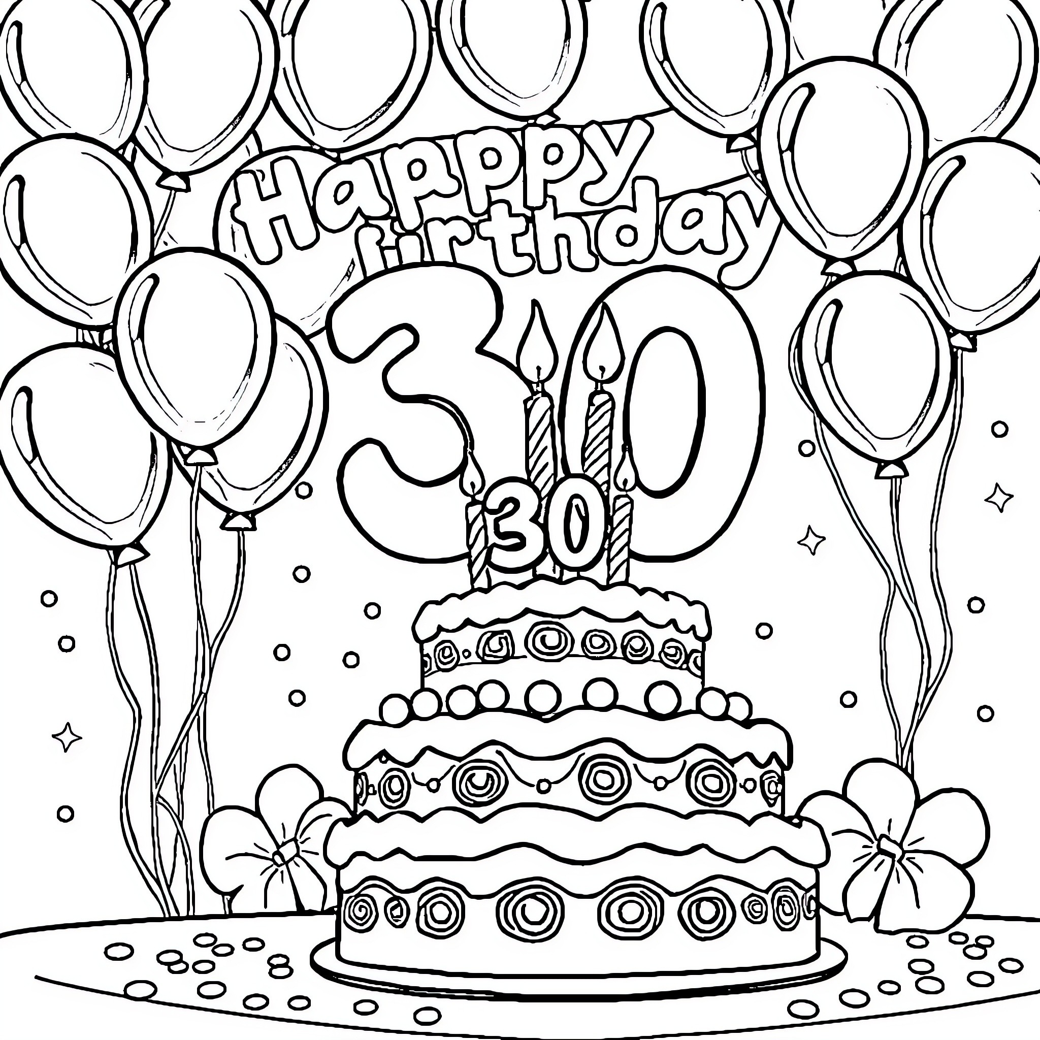 30th Birthday Party with Cake and Balloons Coloring Page (free black-and-white line drawing printable PDF for all, from beginners to advanced learners, including children, teens, adults, and seniors)