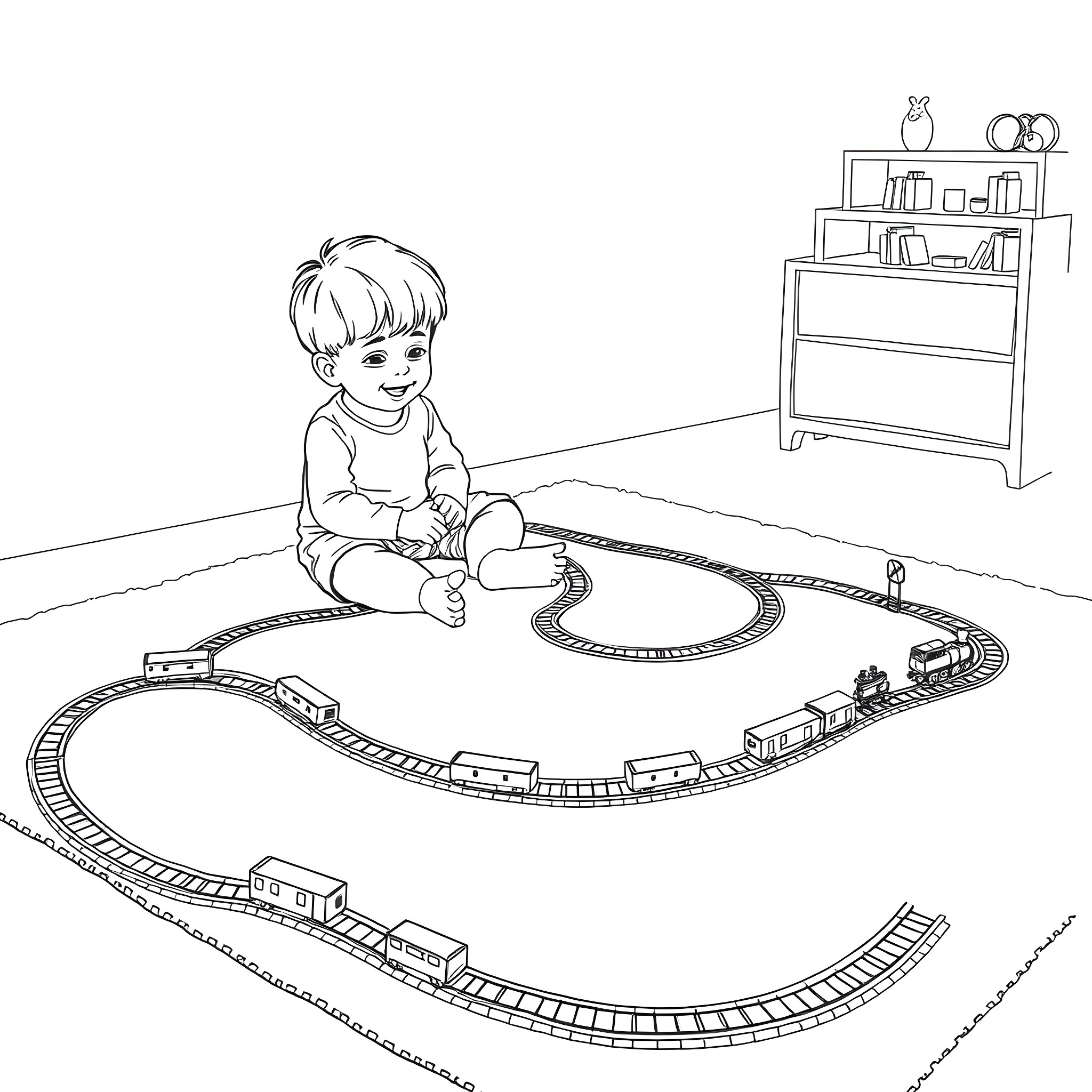 Kid playing with toy train set on the floor Coloring Page (free black-and-white line drawing printable PDF for all, from beginners to advanced learners, including children, teens, adults, and seniors)