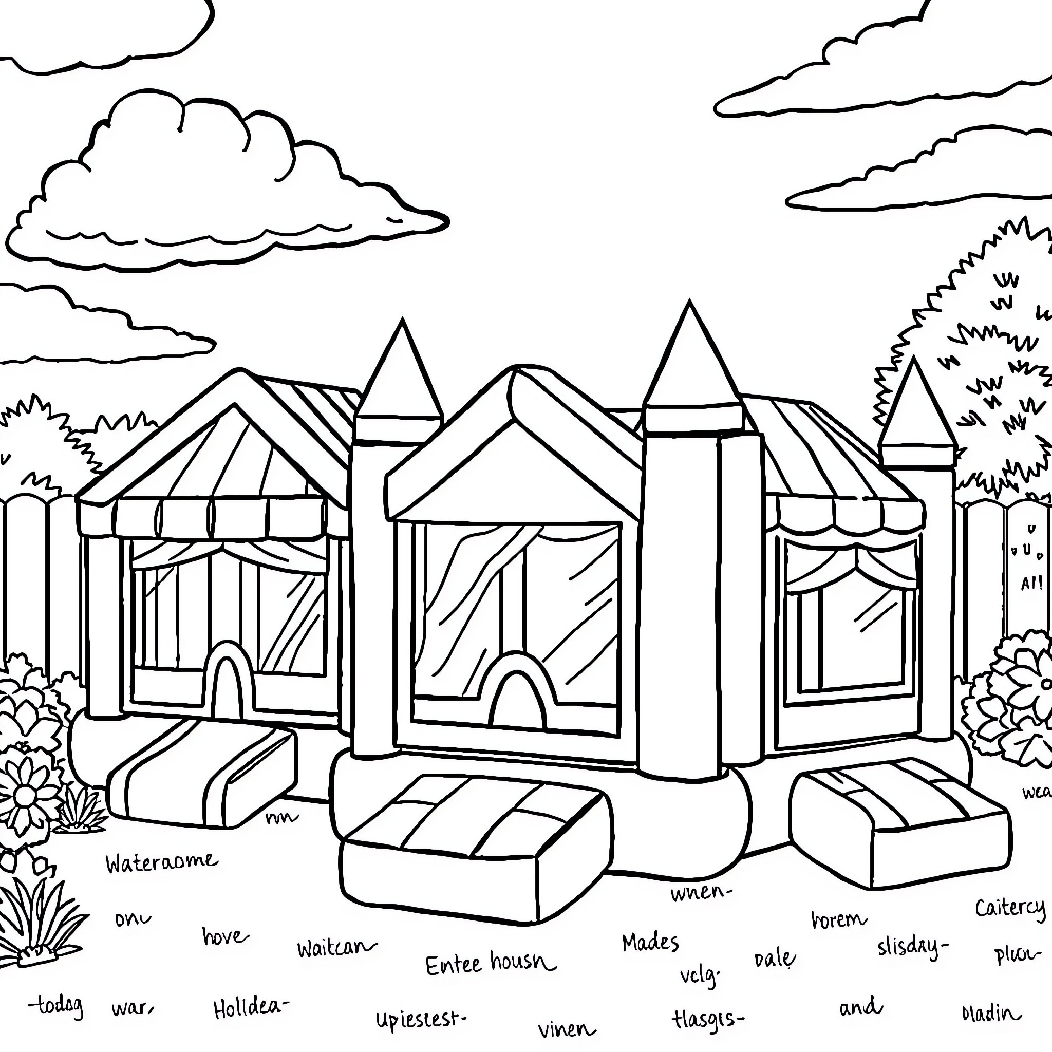 Bounce House Fun at the Park Coloring Page (free black-and-white line drawing printable PDF for all, from beginners to advanced learners, including children, teens, adults, and seniors)