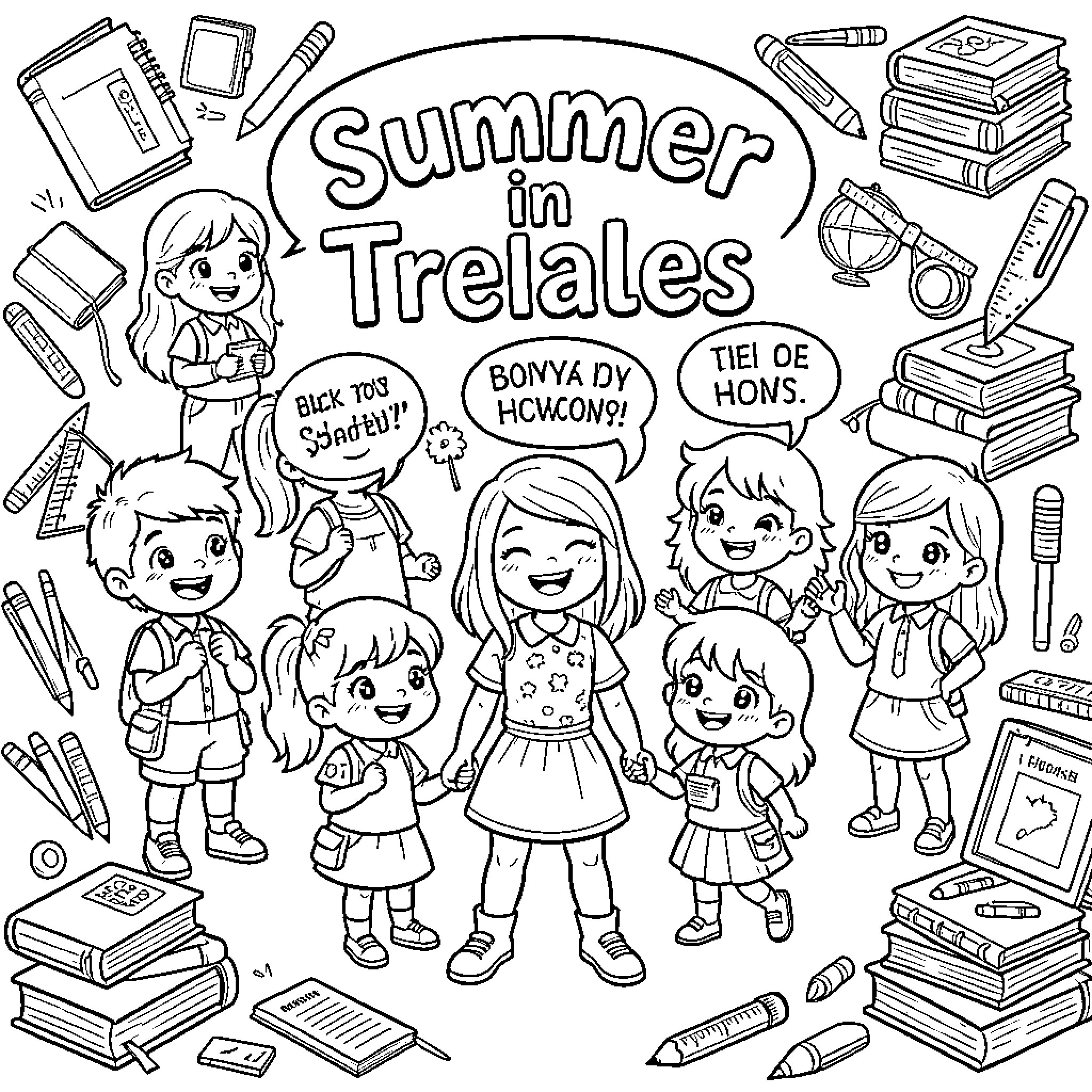 Character characters in diverse summer scenes Coloring Page (free black-and-white line drawing printable PDF for all, from beginners to advanced learners, including children, teens, adults, and seniors)