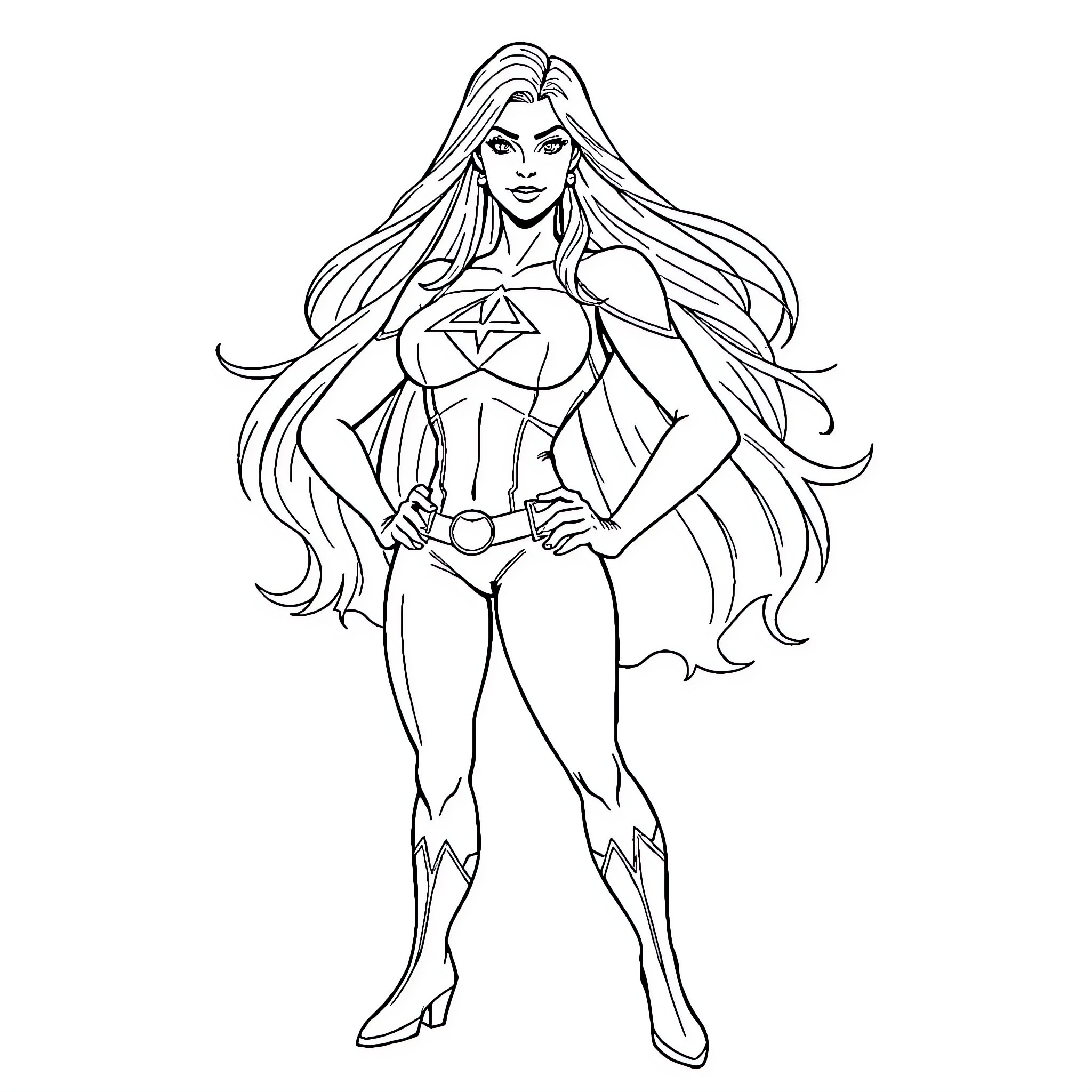 Powergirl striking an heroic pose Coloring Page (free black-and-white line drawing printable PDF for all, from beginners to advanced learners, including children, teens, adults, and seniors)