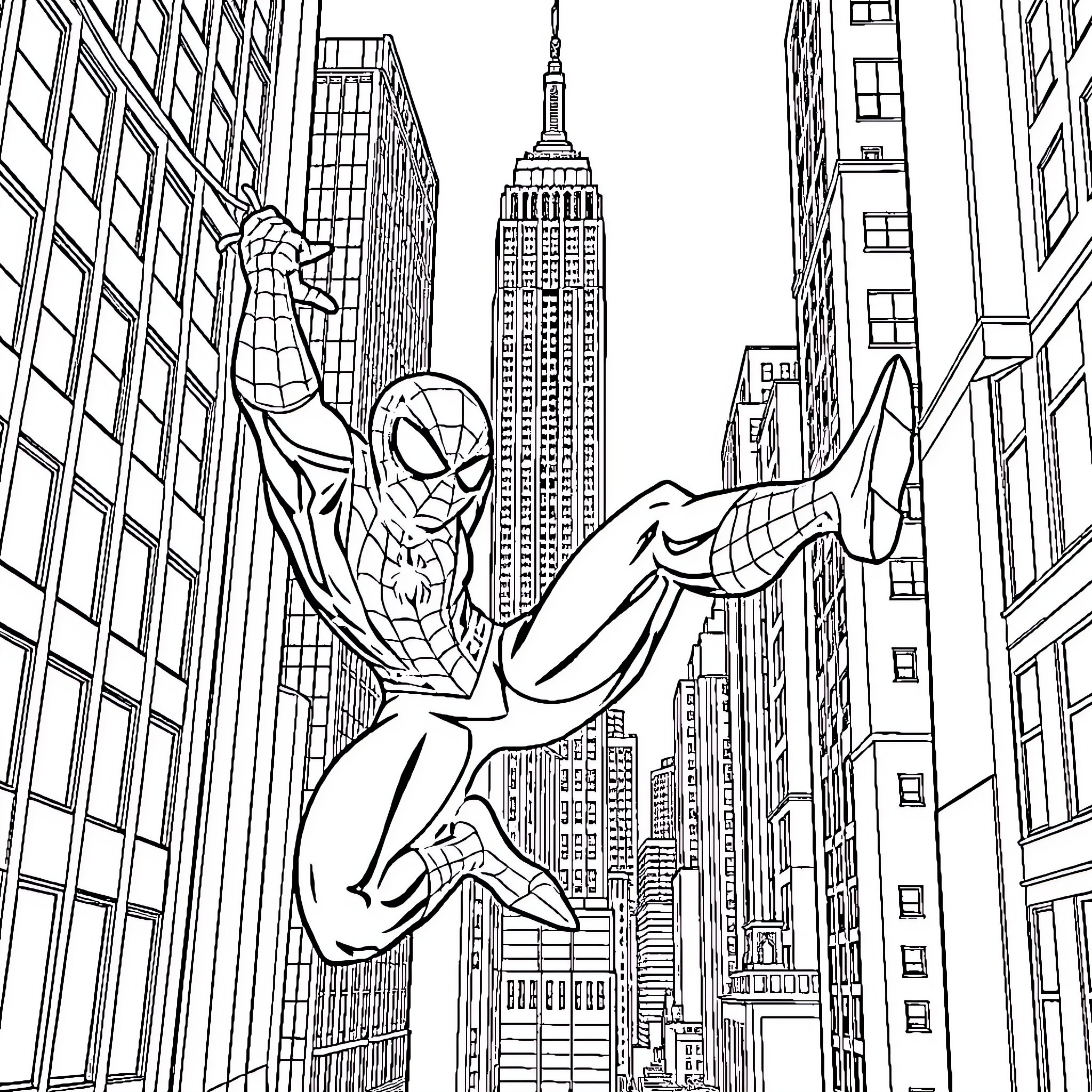 Spider-Man swinging through the city skyline Coloring Page (free black-and-white line drawing printable PDF for all, from beginners to advanced learners, including children, teens, adults, and seniors)