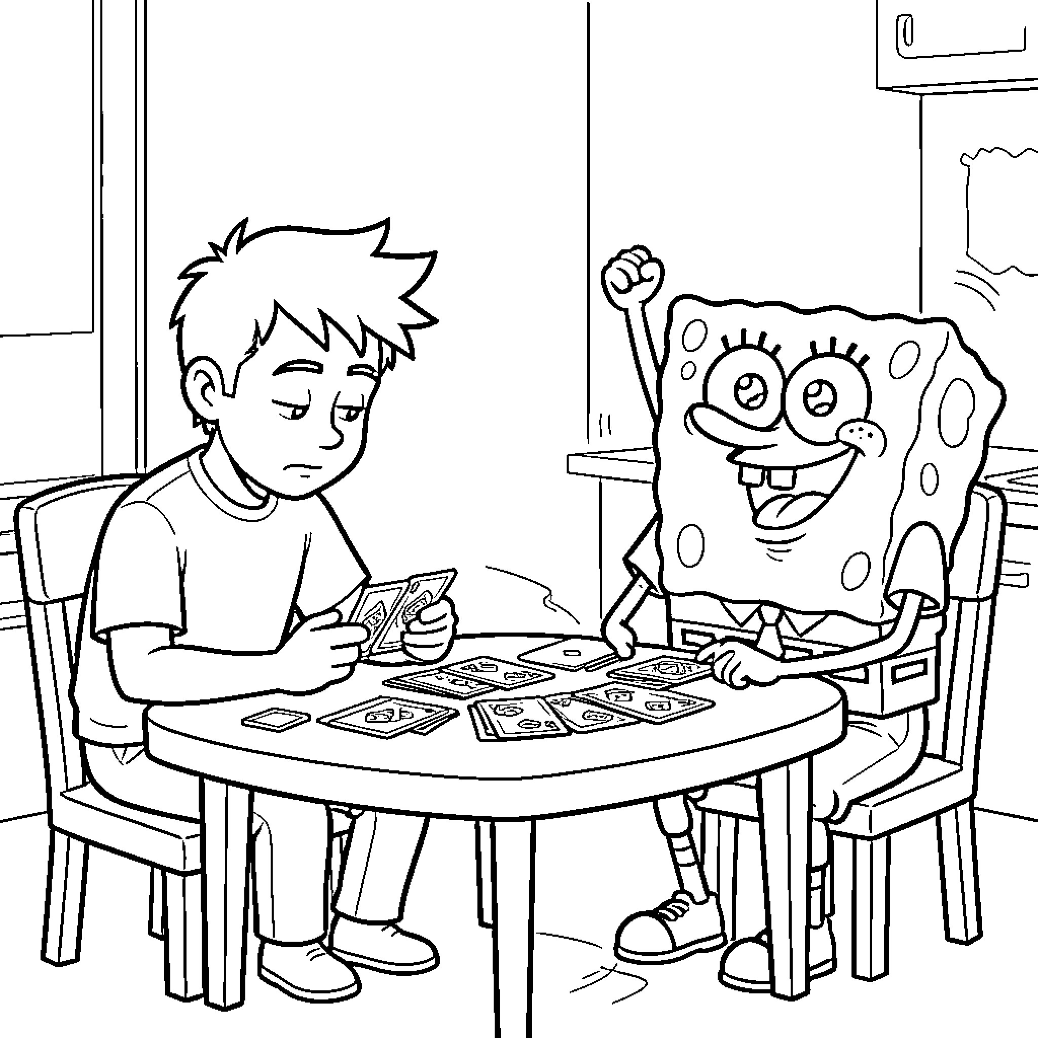 Spongebob playing a card game with a boy Coloring Page (free black-and-white line drawing printable PDF for all, from beginners to advanced learners, including children, teens, adults, and seniors)